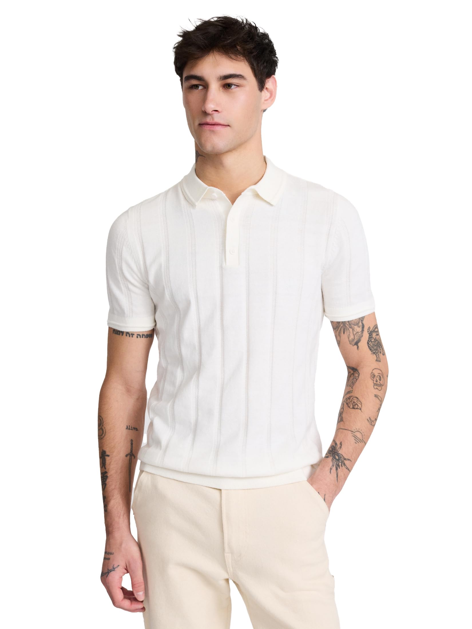 EXPRESS Men’s Cotton Sweater Polo – Ribbed Short Sleeve Knit Polo with Retro-Inspired Smart-Casual Style