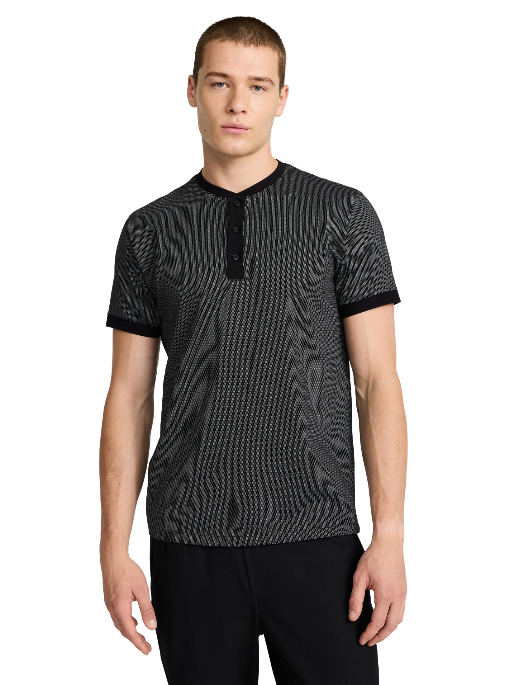 EXPRESS Men’s Everyday Performance Henley – Short Sleeve Mini-Geo Textured Knit with Moisture-Wicking Stretch Fabric