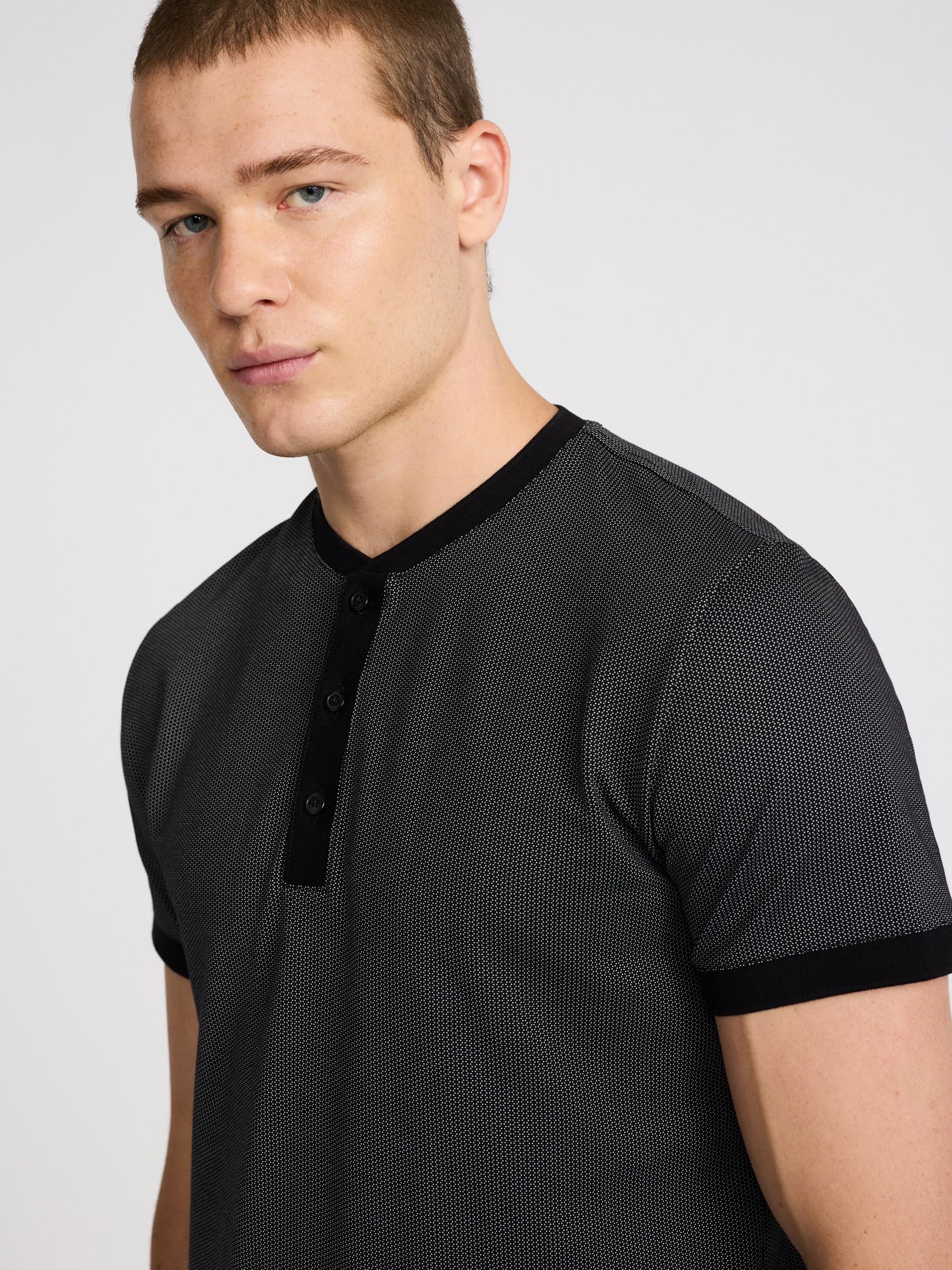 EXPRESS Men’s Everyday Performance Henley – Short Sleeve Mini-Geo Textured Knit with Moisture-Wicking Stretch Fabric - Image 3