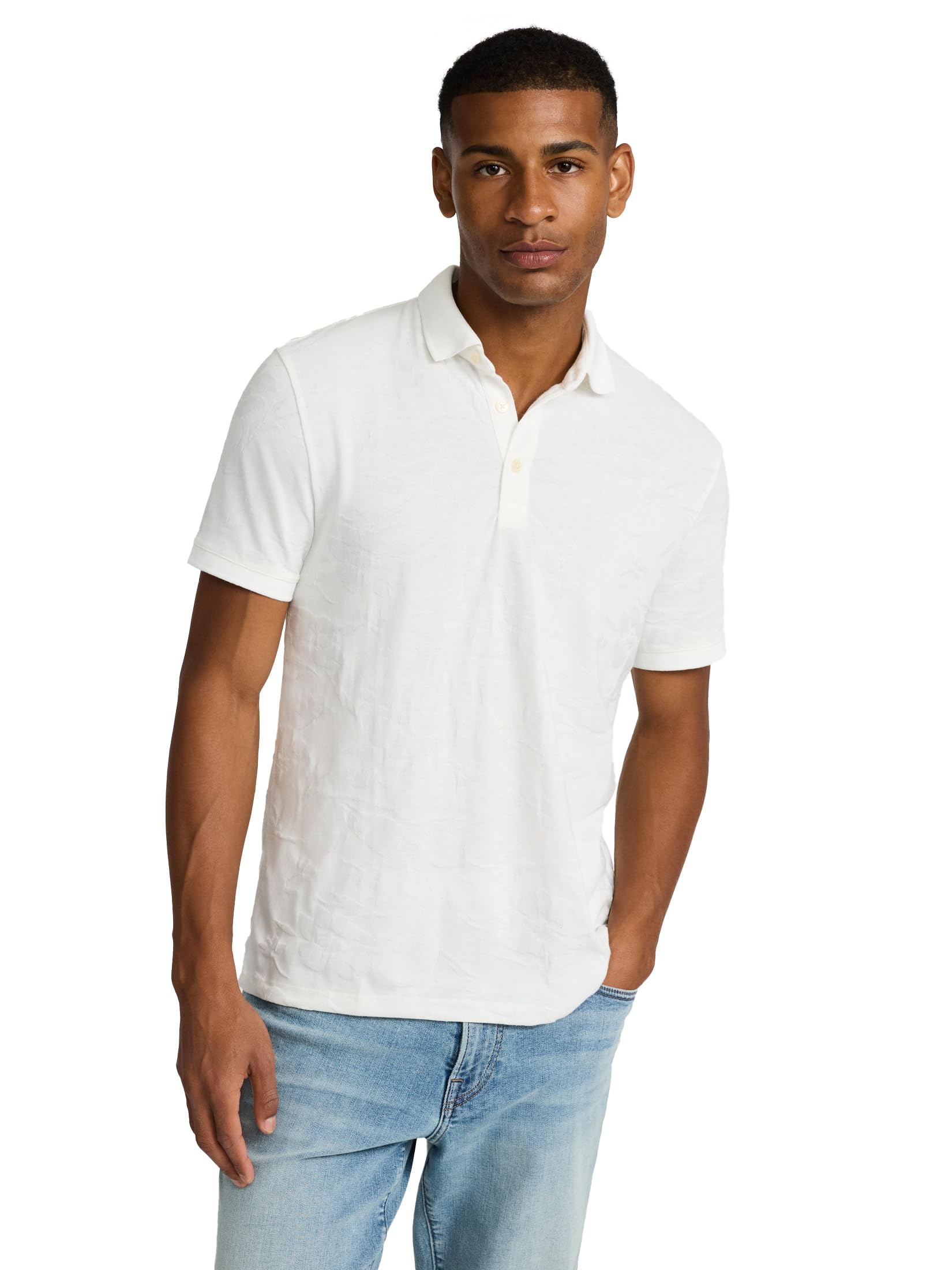 EXPRESS Men’s Floral Jacquard Polo – Short Sleeve Textured Cotton Blend Shirt for Casual, Golf Wear – White