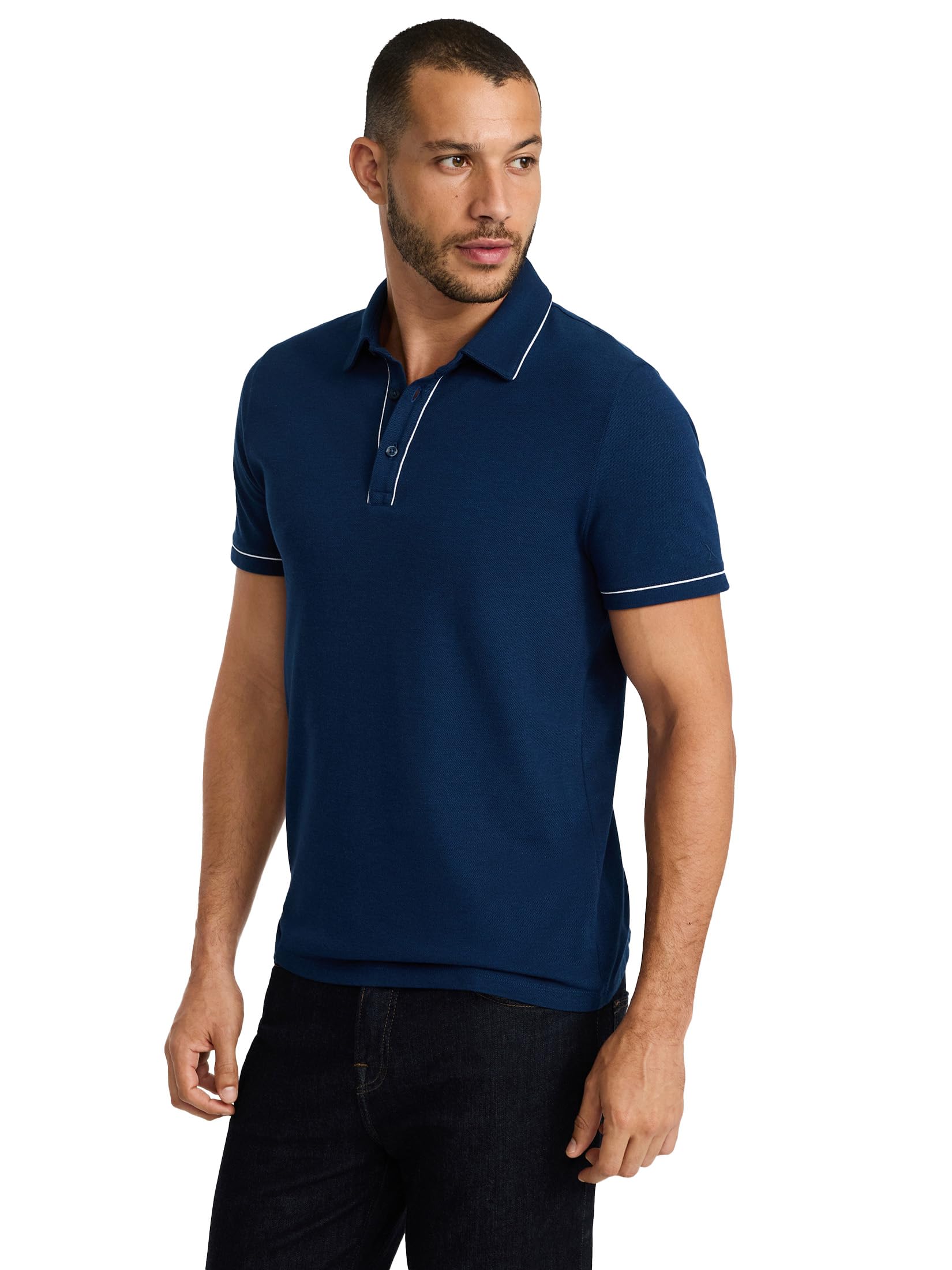 EXPRESS Men’s Luxe Pique Polo – Short Sleeve Soft Cotton Blend Shirt with Piped Collar and Tennis Tail Hem