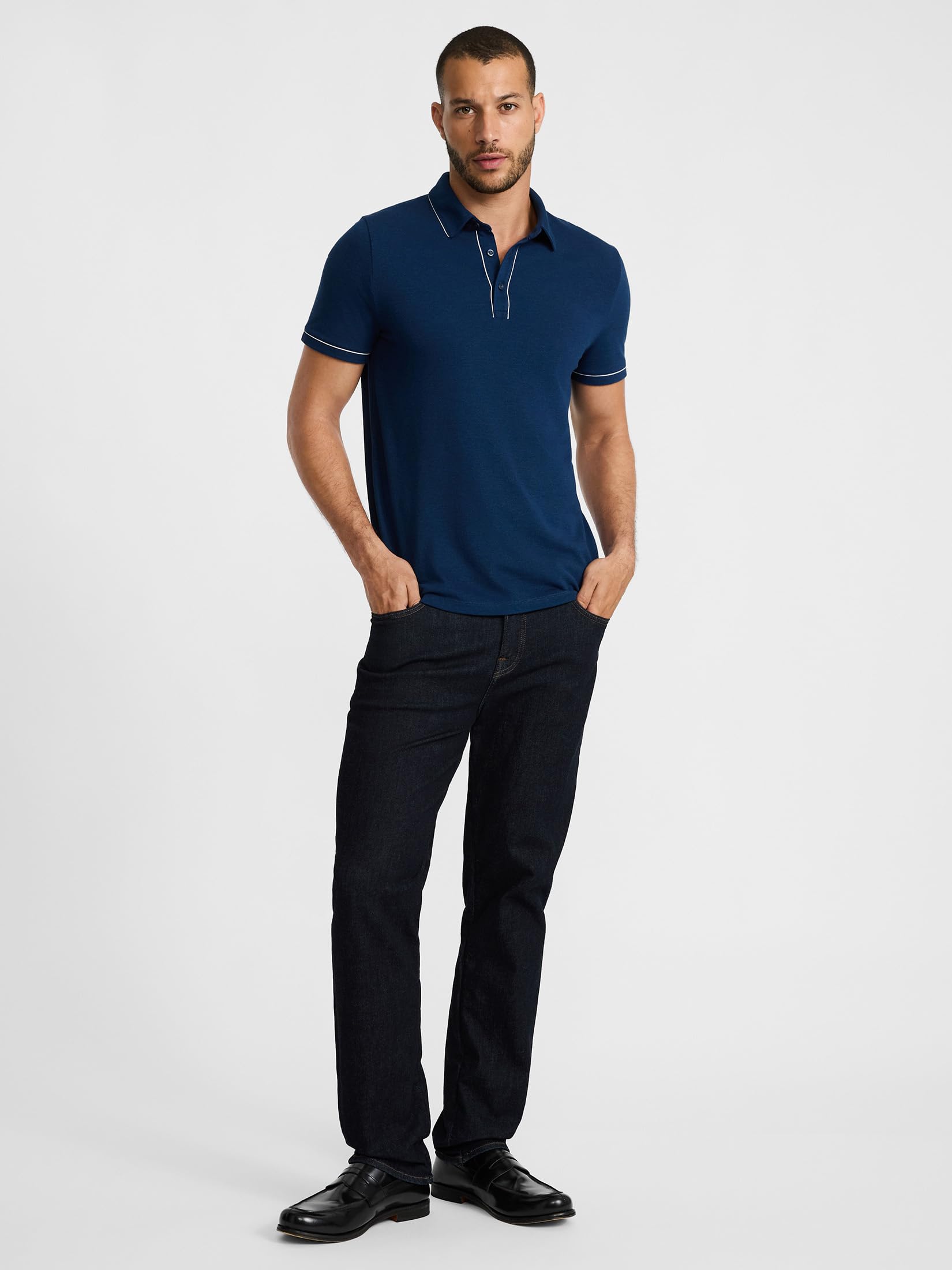EXPRESS Men’s Luxe Pique Polo – Short Sleeve Soft Cotton Blend Shirt with Piped Collar and Tennis Tail Hem - Image 3