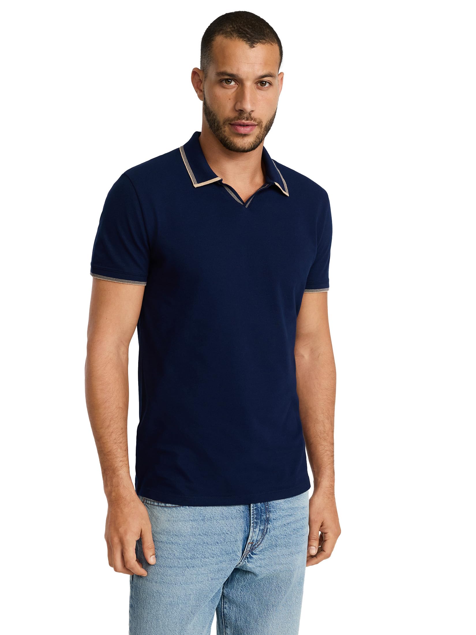 EXPRESS Men’s Luxe Pique Polo – Tipped Johnny Collar Shirt with Soft, Elevated Casual Style