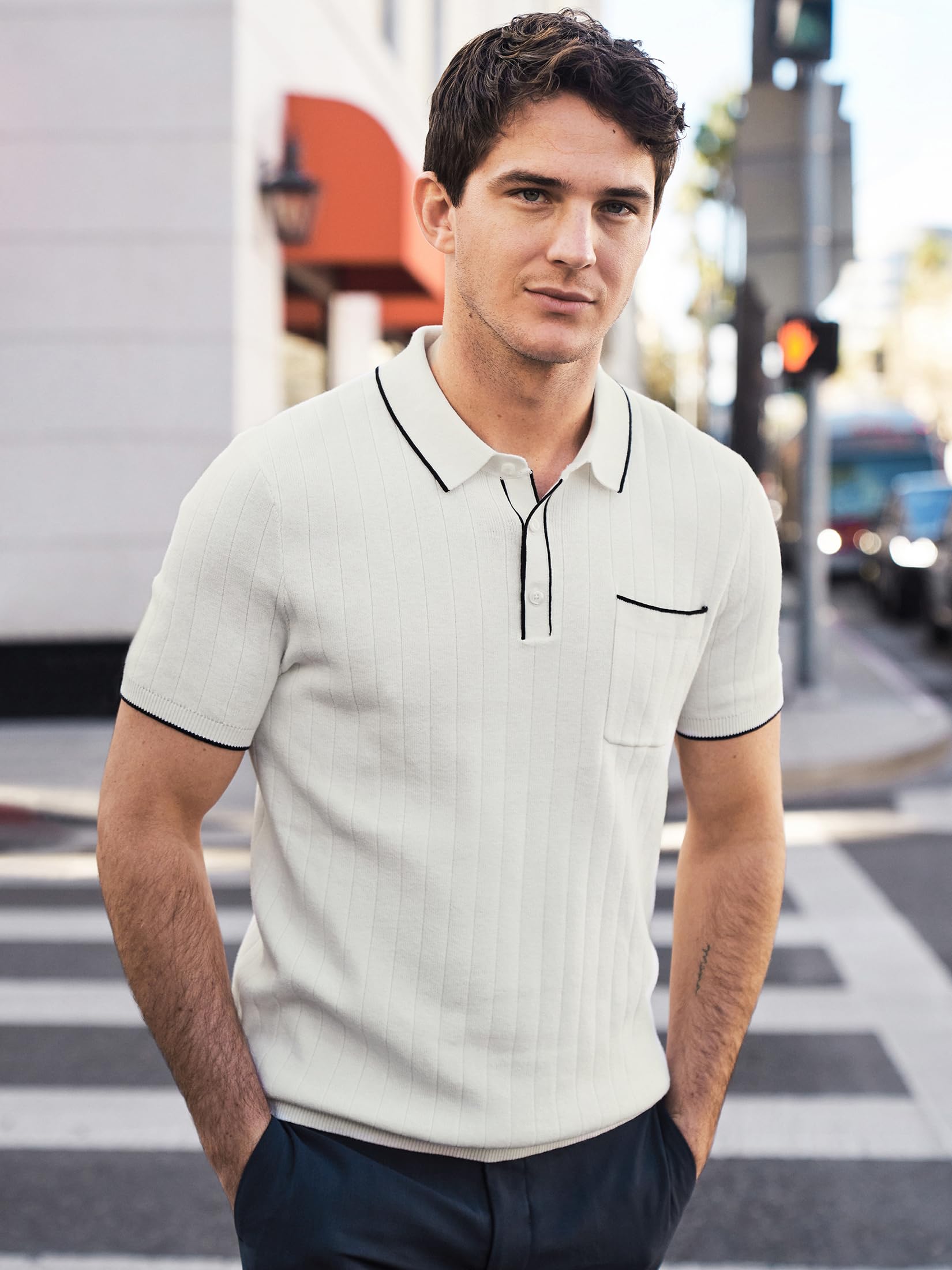 EXPRESS Men’s Sweater Polo – Modern Prep Short Sleeve Cotton Knit with Tipped Collar, Casual Workwear - Image 3