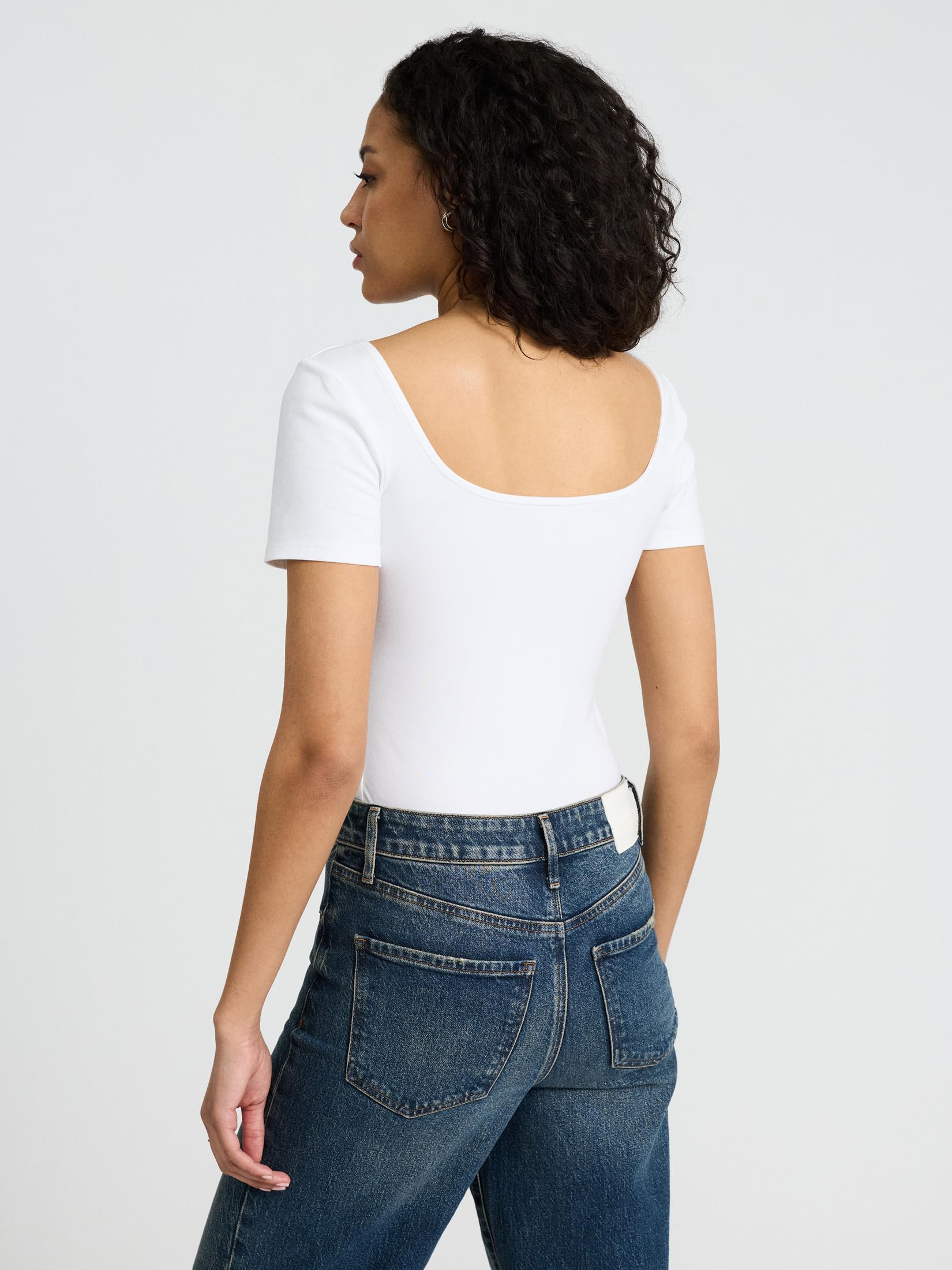 EXPRESS Women’s Body Contour Bodysuit – Short Sleeve Cotton-Blend Square Neck Style with Snap Gusset and Smooth Layering Fit - Image 2