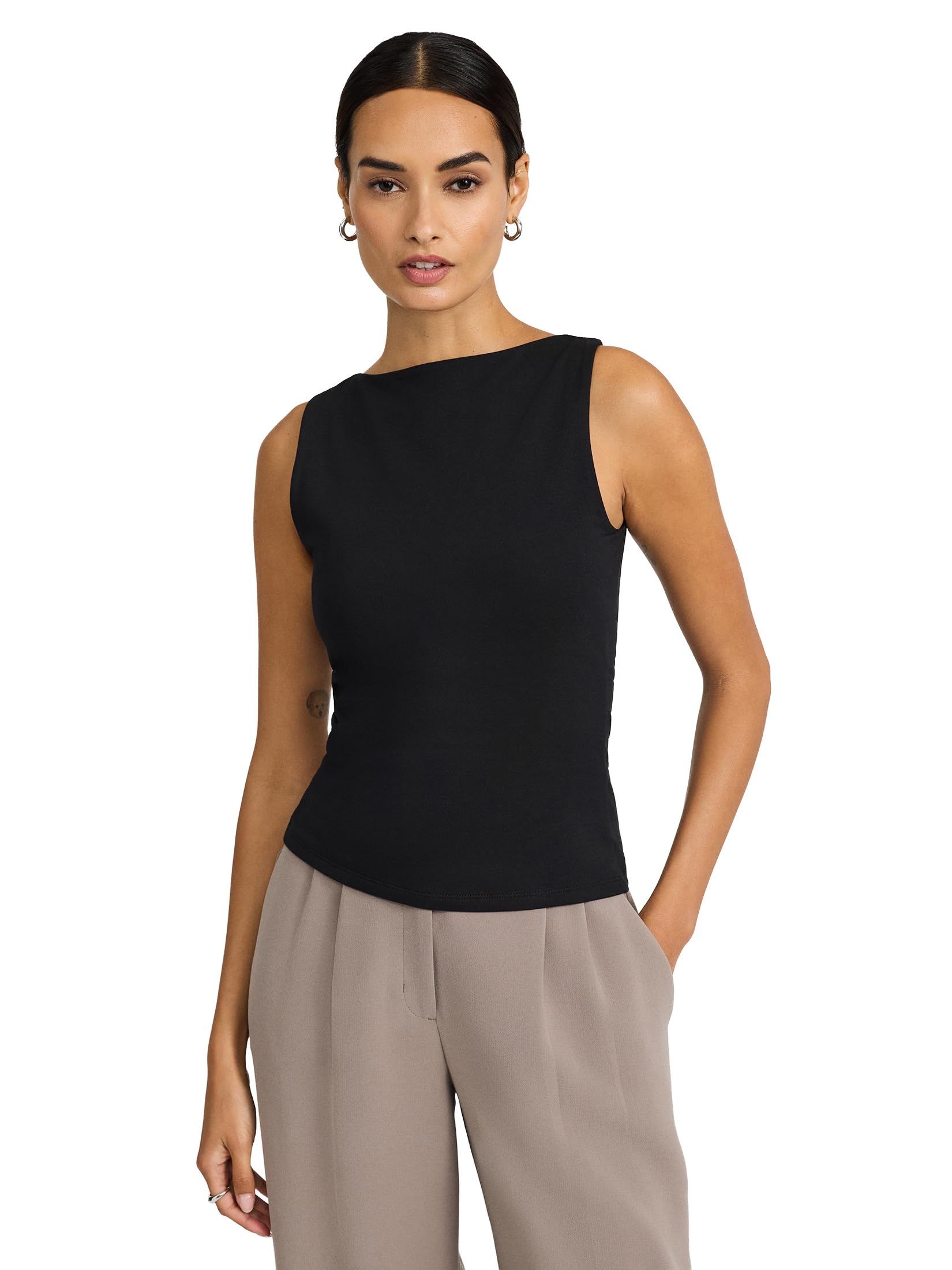 EXPRESS Women’s Body Contour Tank – Fitted Boatneck Cotton-Blend Top with Smoothing Stretch and Layering Essential Style