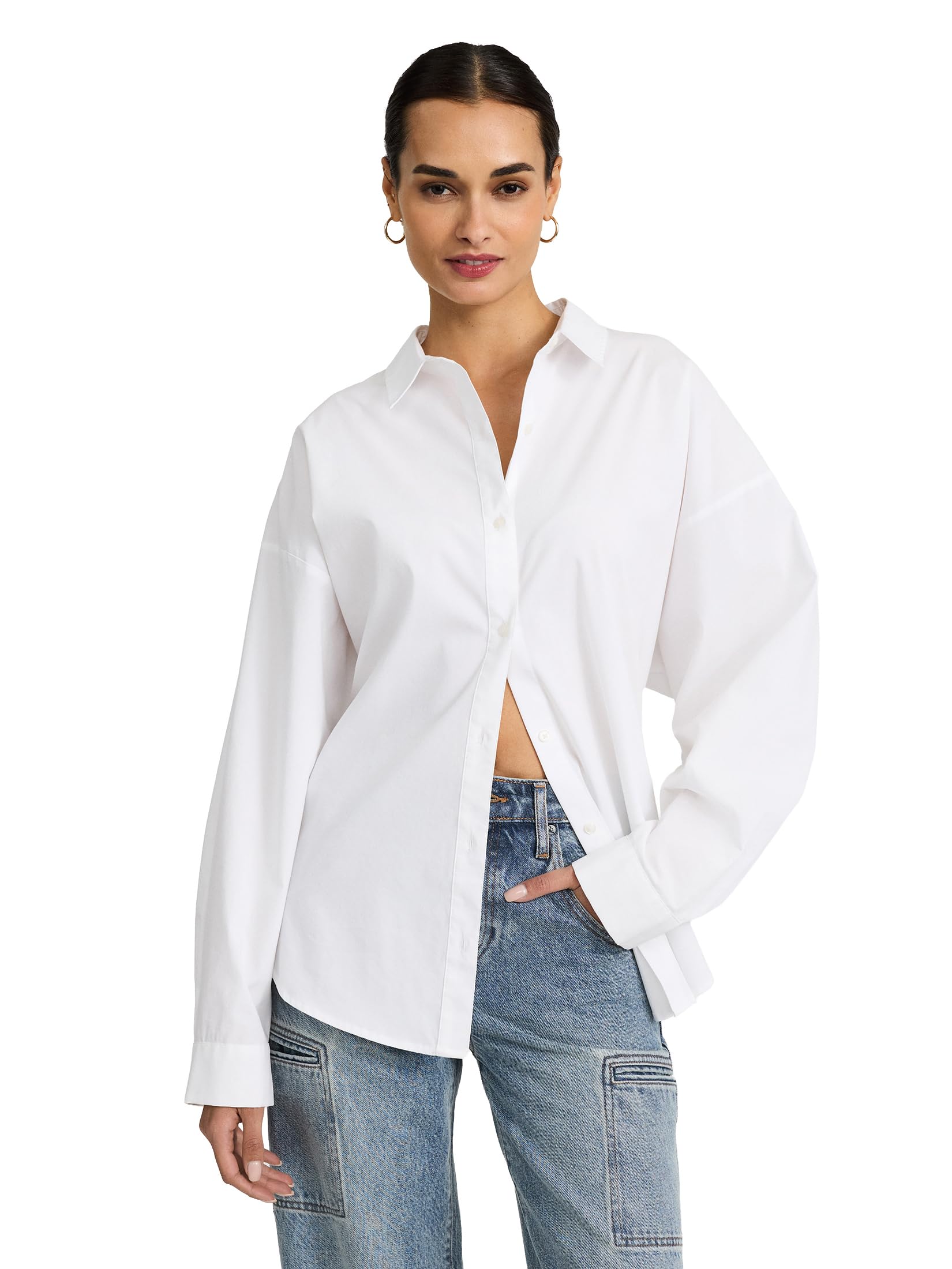 EXPRESS Women’s Boyfriend Fit Portofino Shirt – Cotton Poplin Long Sleeve Button-Up, Lightweight Office-to-Weekend Top