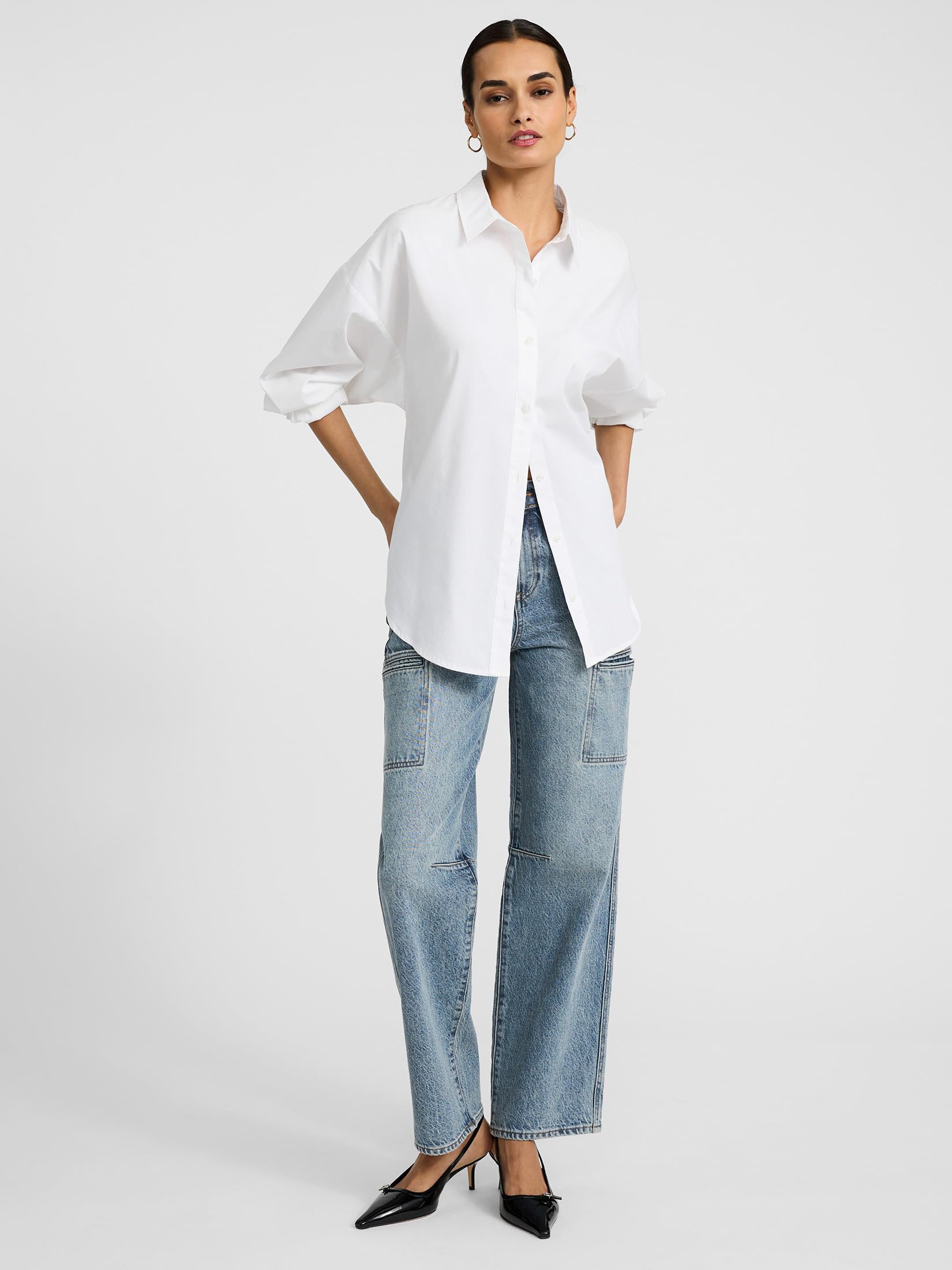 EXPRESS Women’s Boyfriend Fit Portofino Shirt – Cotton Poplin Long Sleeve Button-Up, Lightweight Office-to-Weekend Top - Image 3