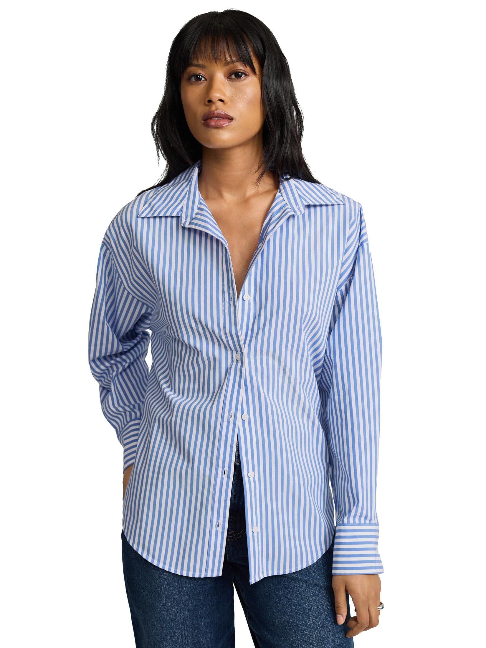 EXPRESS Women’s Boyfriend Fit Portofino Shirt – Cotton Poplin Long Sleeve Button-Up, Lightweight Office-to-Weekend Top