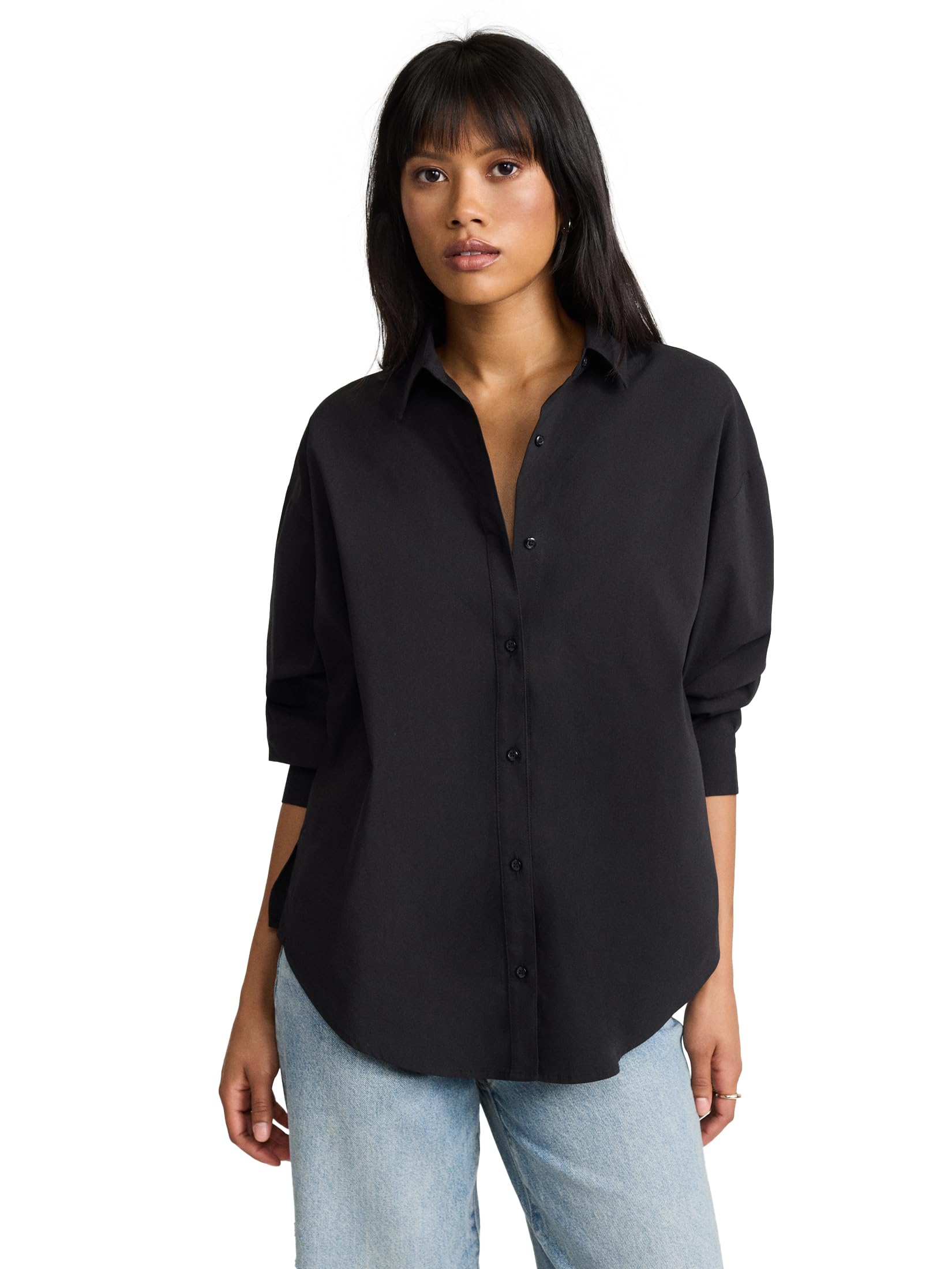 EXPRESS Women’s Boyfriend Fit Portofino Shirt – Cotton Poplin Long Sleeve Button-Up, Lightweight Office-to-Weekend Top
