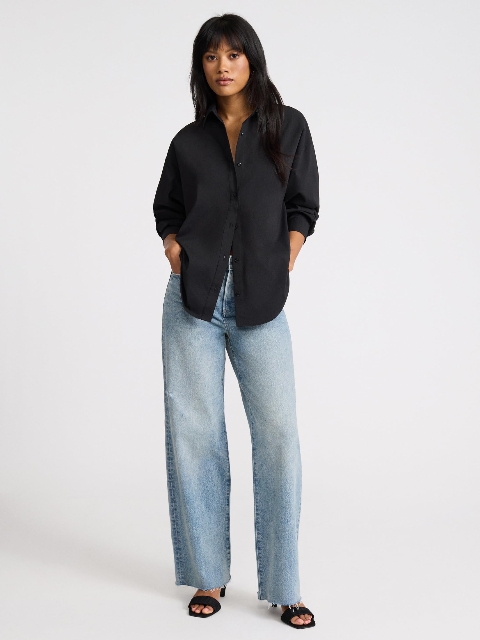 EXPRESS Women’s Boyfriend Fit Portofino Shirt – Cotton Poplin Long Sleeve Button-Up, Lightweight Office-to-Weekend Top - Image 3