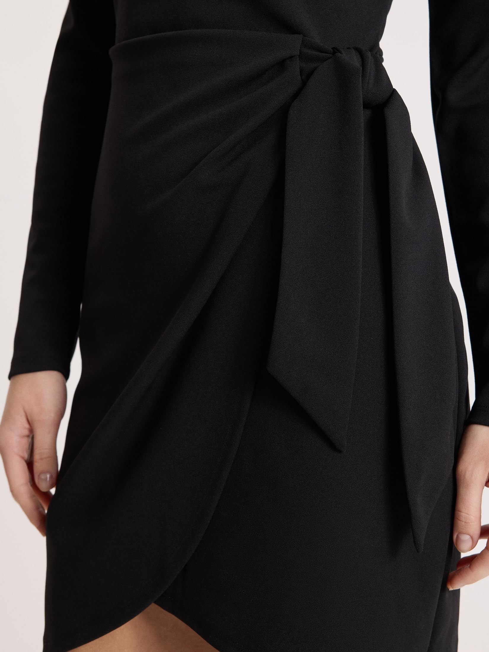 EXPRESS Women's Crepe Crew Neck Long Sleeve Tie Wrap Mini Sheath Dress - Image 3
