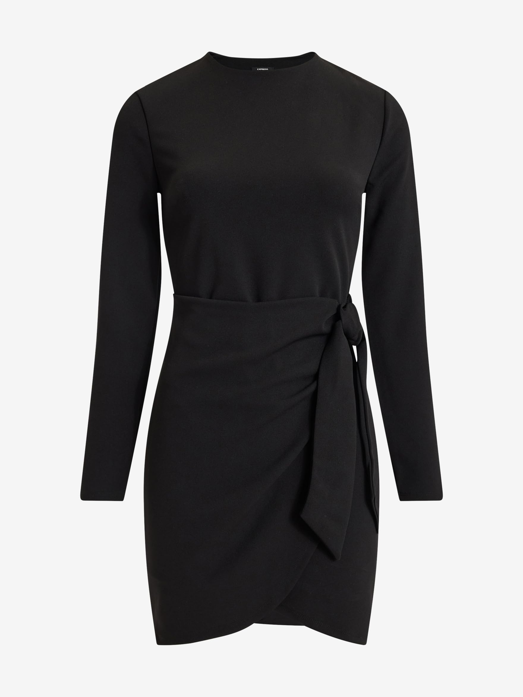 EXPRESS Women's Crepe Crew Neck Long Sleeve Tie Wrap Mini Sheath Dress - Image 4