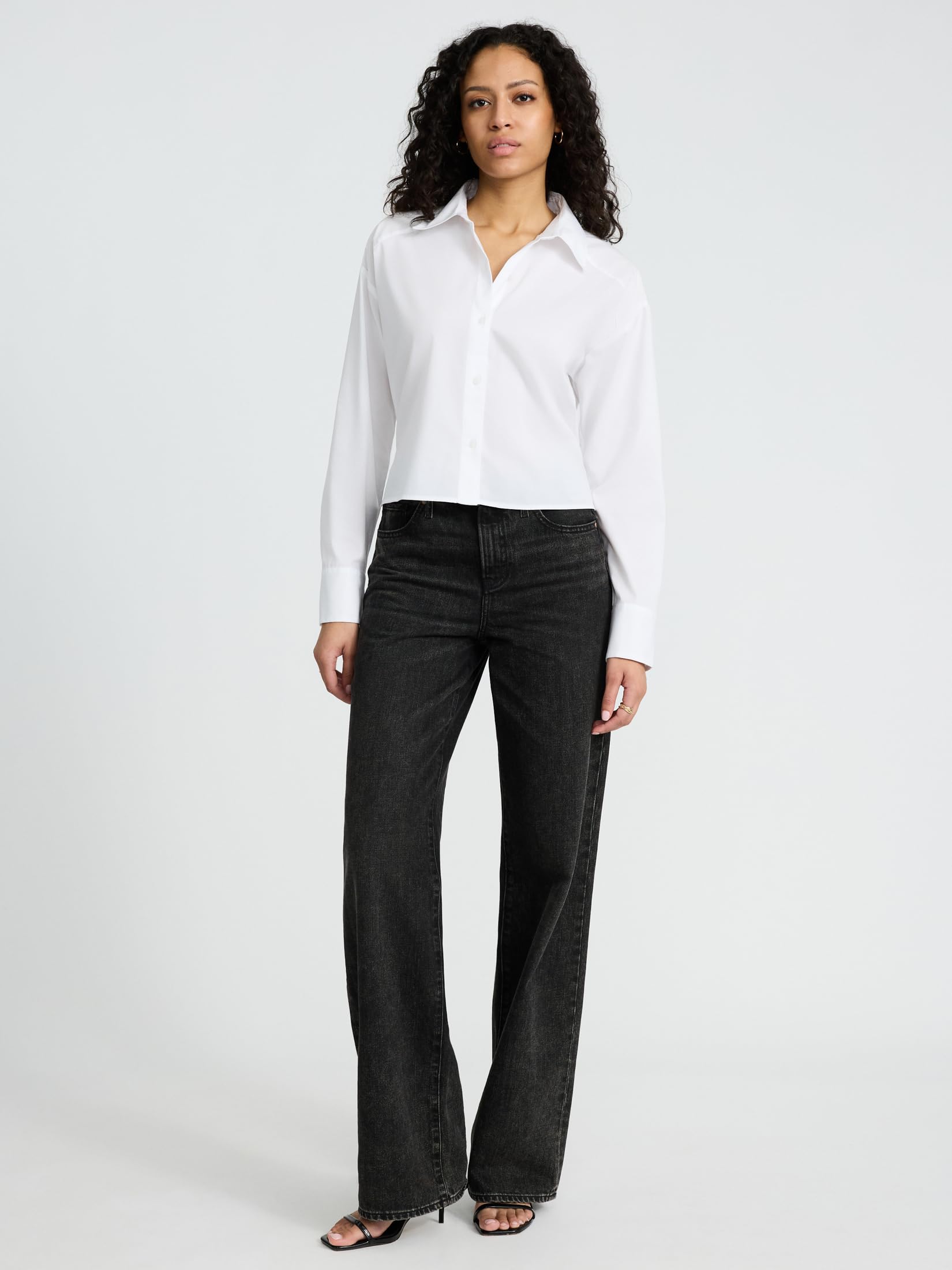 EXPRESS Women’s Cropped Portofino Shirt – Boyfriend Fit Long Sleeve Button-Up with Trendy Midriff Length – Stripe - Image 3