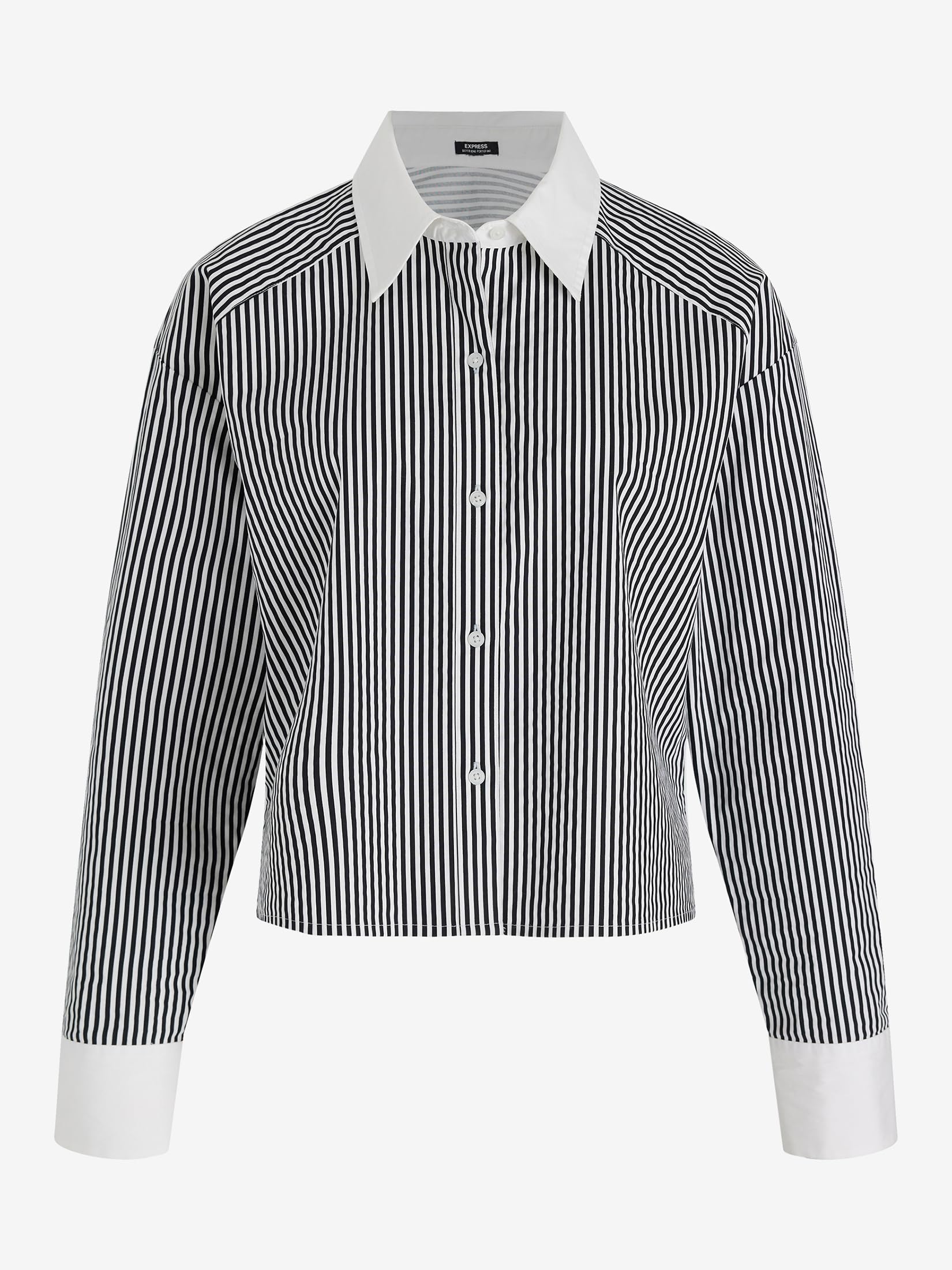 EXPRESS Women’s Cropped Portofino Shirt – Boyfriend Fit Long Sleeve Button-Up with Trendy Midriff Length – Stripe - Image 5