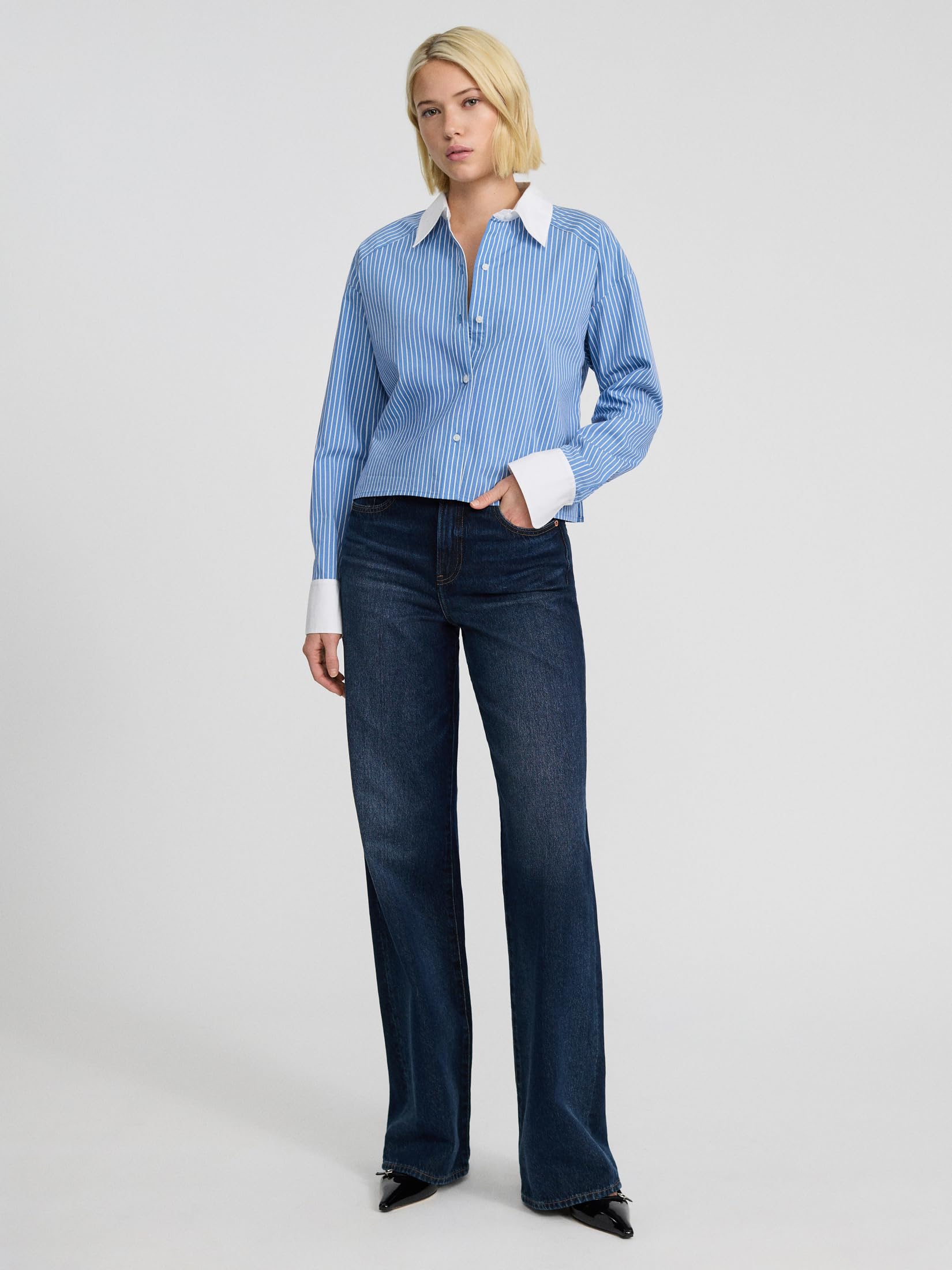 EXPRESS Women’s Cropped Portofino Shirt – Boyfriend Fit Long Sleeve Button-Up with Trendy Midriff Length – Stripe - Image 4