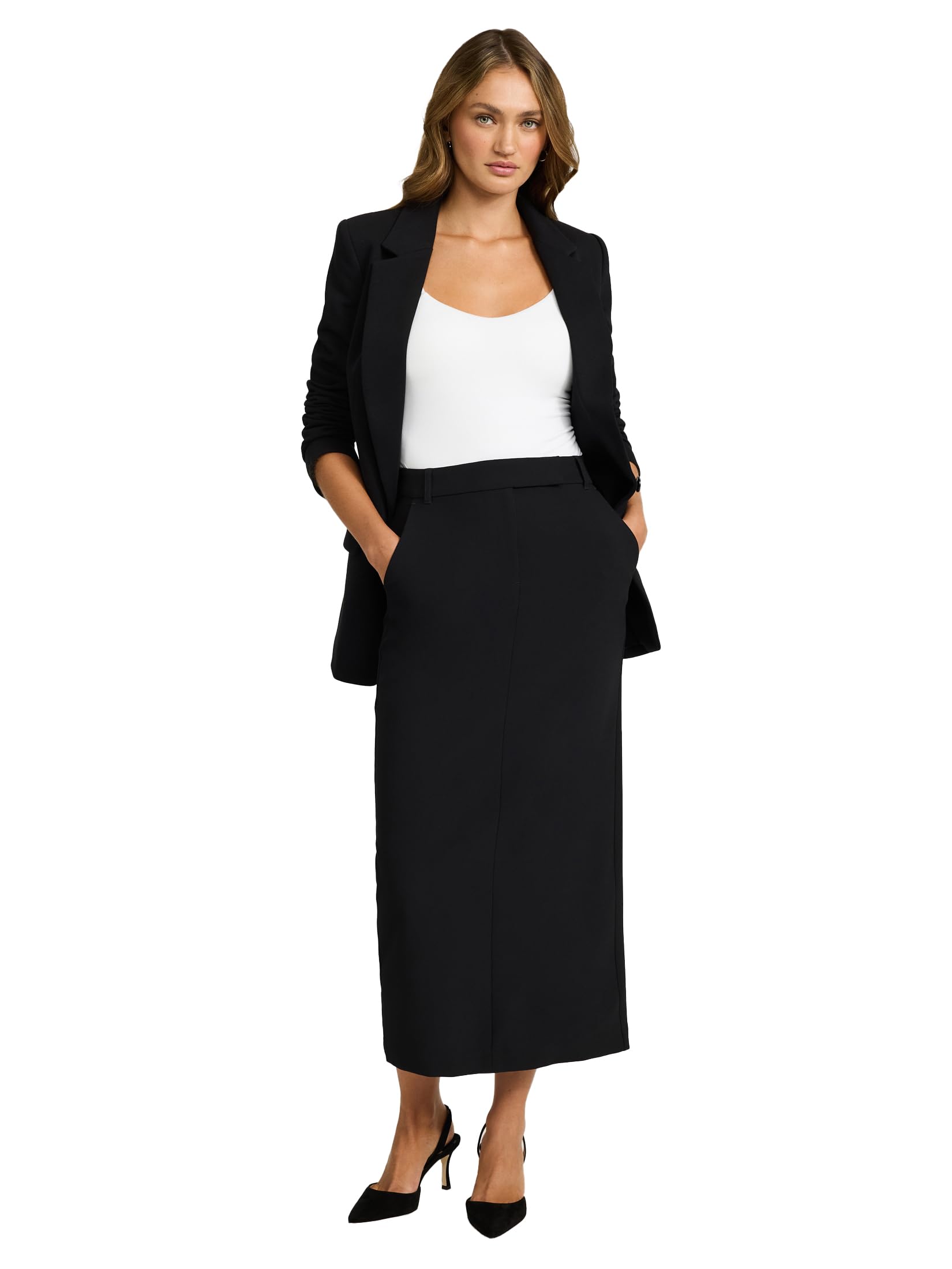 EXPRESS Women’s Editor Skirt – High Waisted Stretch Maxi Column, Desk-to-Dinner Work Skirt Pitch Black