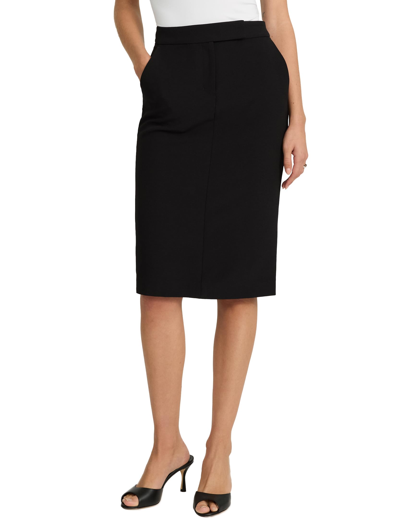 EXPRESS Women’s Editor Skirt – High Waisted Stretch Midi Pencil Work Skirt, Professional Office Wear Pitch Black