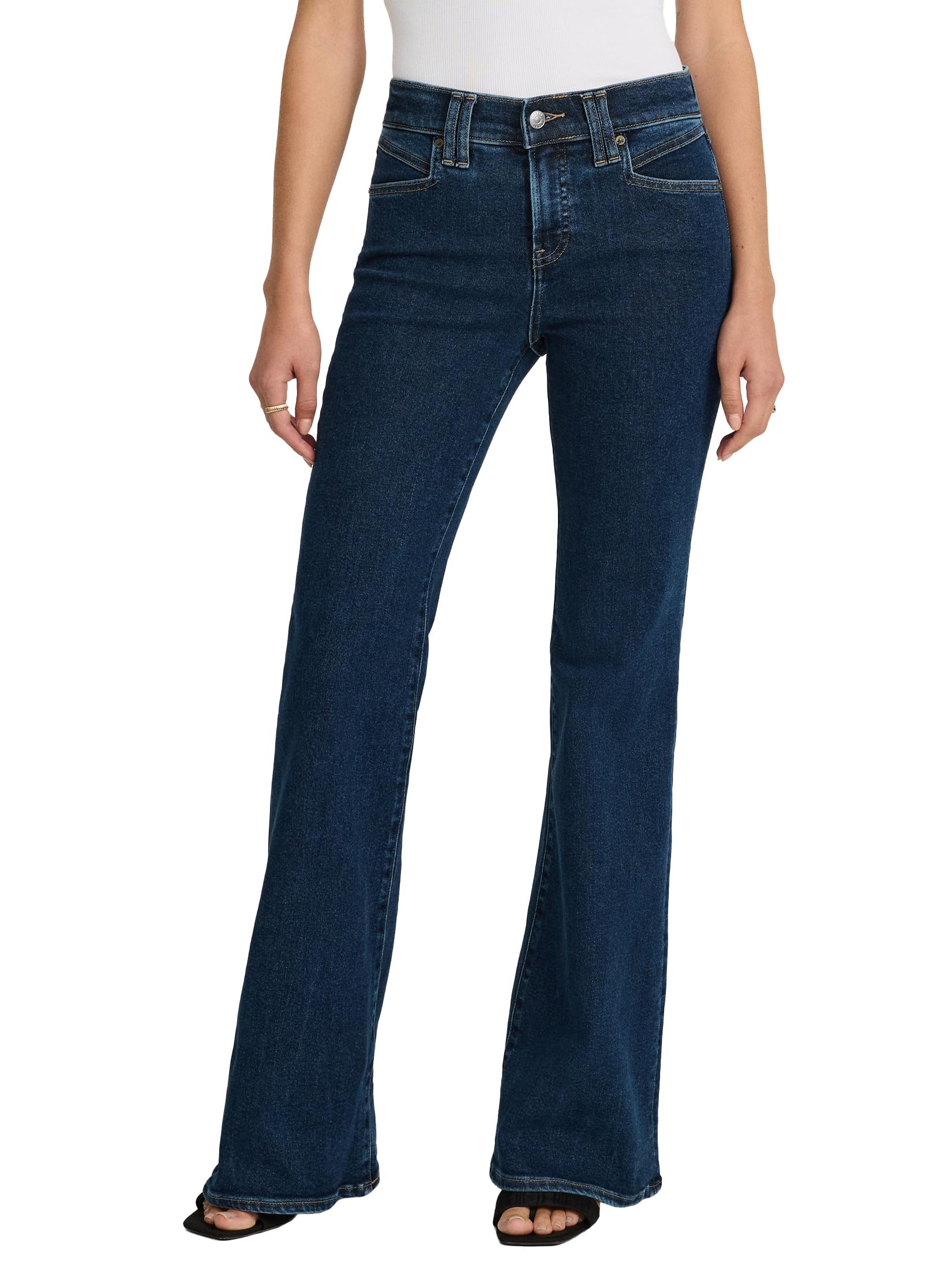 EXPRESS Women’s Hyper Sculpt ’70s Flare Jeans – Mid Rise Stretch Denim, Body-Contouring – Dark Wash