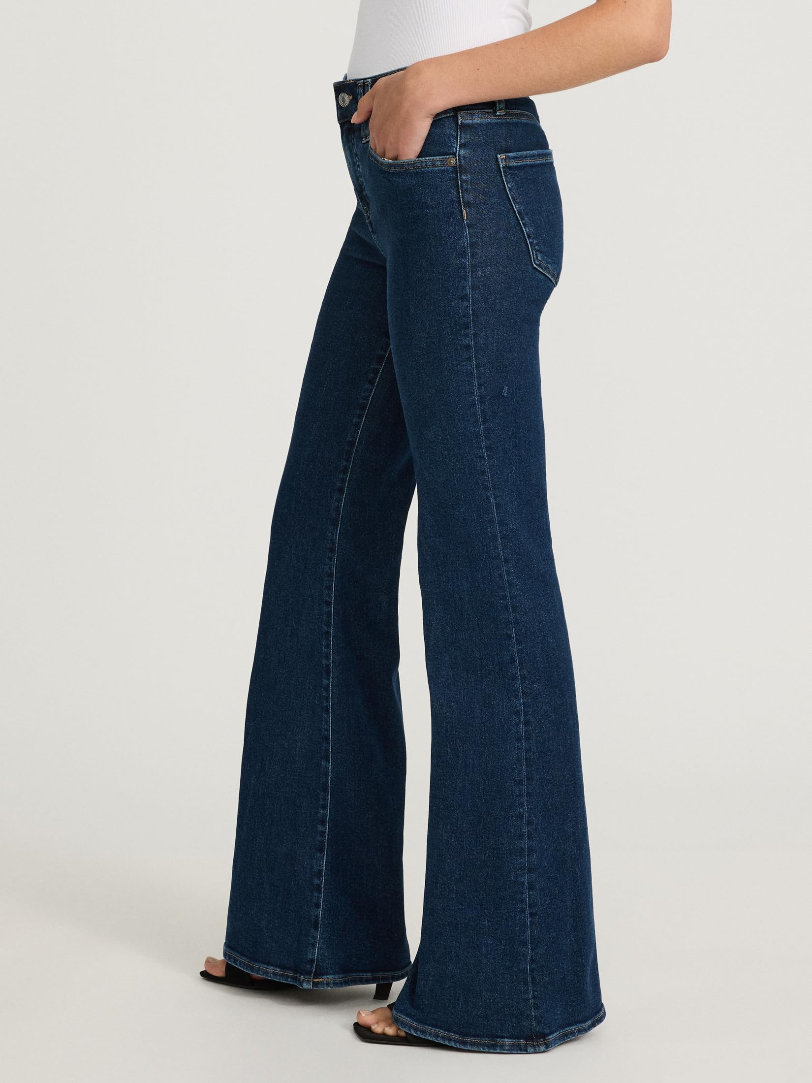 EXPRESS Women’s Hyper Sculpt ’70s Flare Jeans – Mid Rise Stretch Denim, Body-Contouring – Dark Wash - Image 2