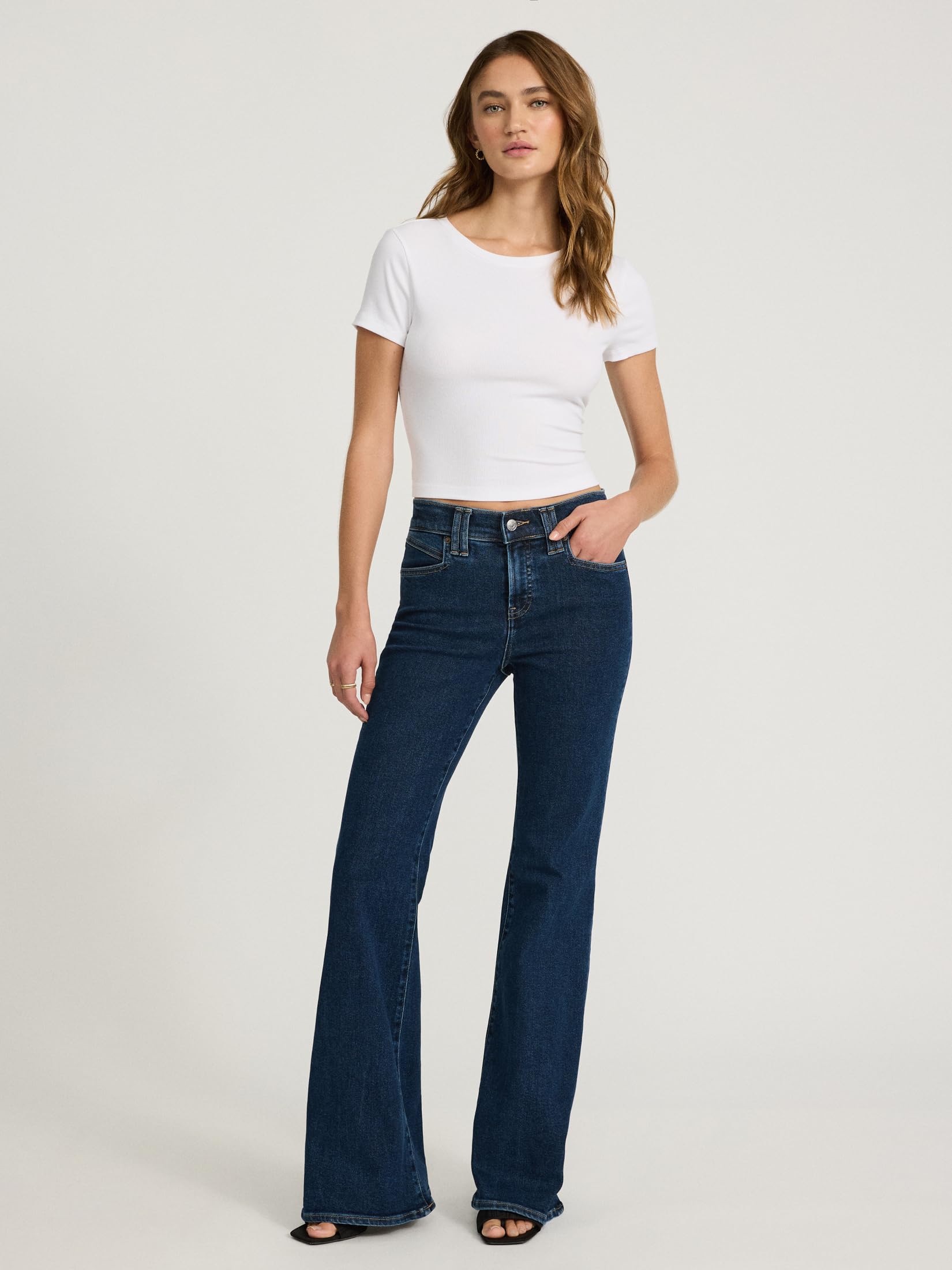 EXPRESS Women’s Hyper Sculpt ’70s Flare Jeans – Mid Rise Stretch Denim, Body-Contouring – Dark Wash - Image 3