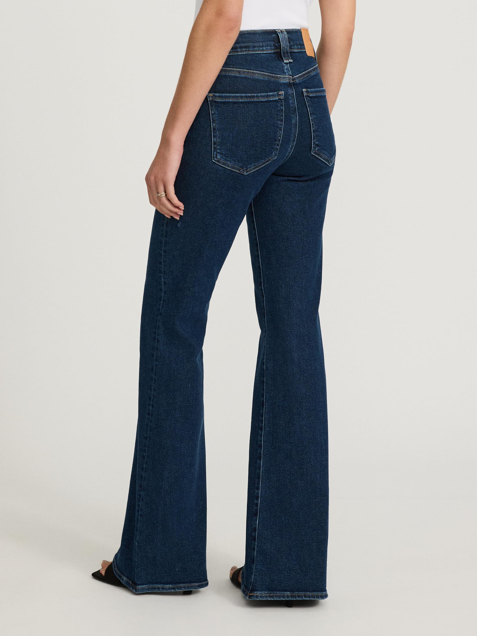 EXPRESS Women’s Hyper Sculpt ’70s Flare Jeans – Mid Rise Stretch Denim, Body-Contouring – Dark Wash - Image 4