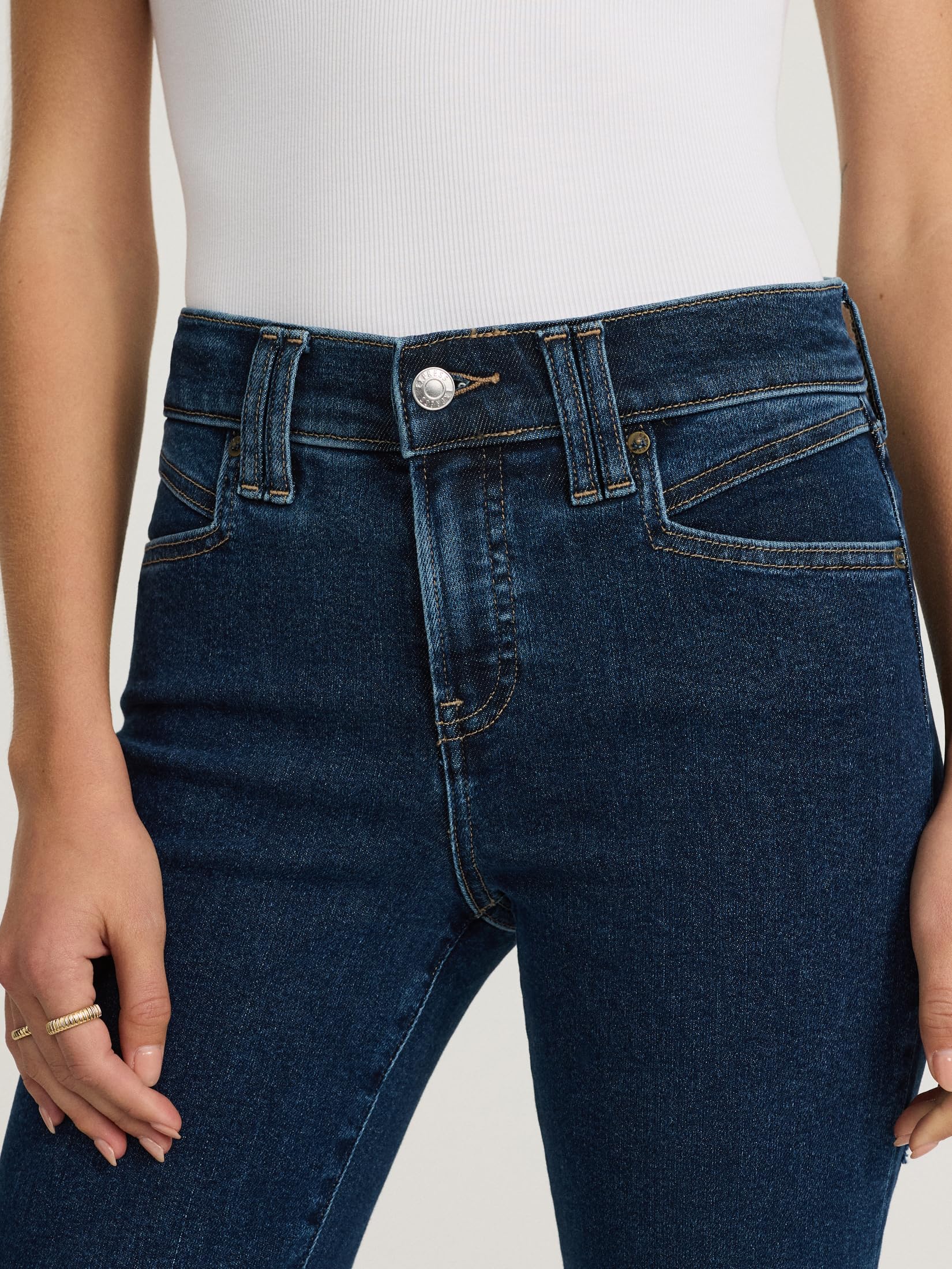 EXPRESS Women’s Hyper Sculpt ’70s Flare Jeans – Mid Rise Stretch Denim, Body-Contouring – Dark Wash - Image 5