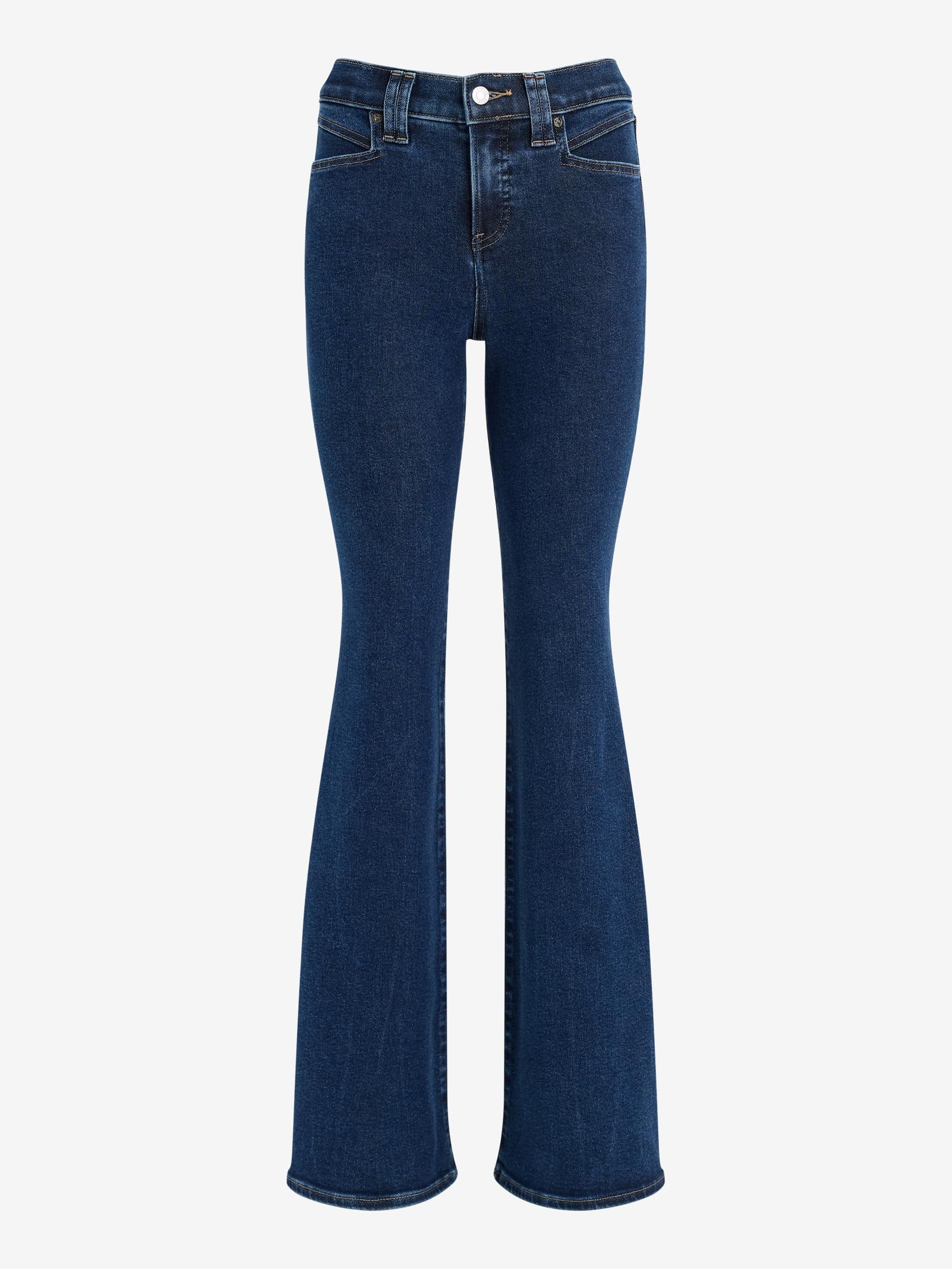 EXPRESS Women’s Hyper Sculpt ’70s Flare Jeans – Mid Rise Stretch Denim, Body-Contouring – Dark Wash - Image 7