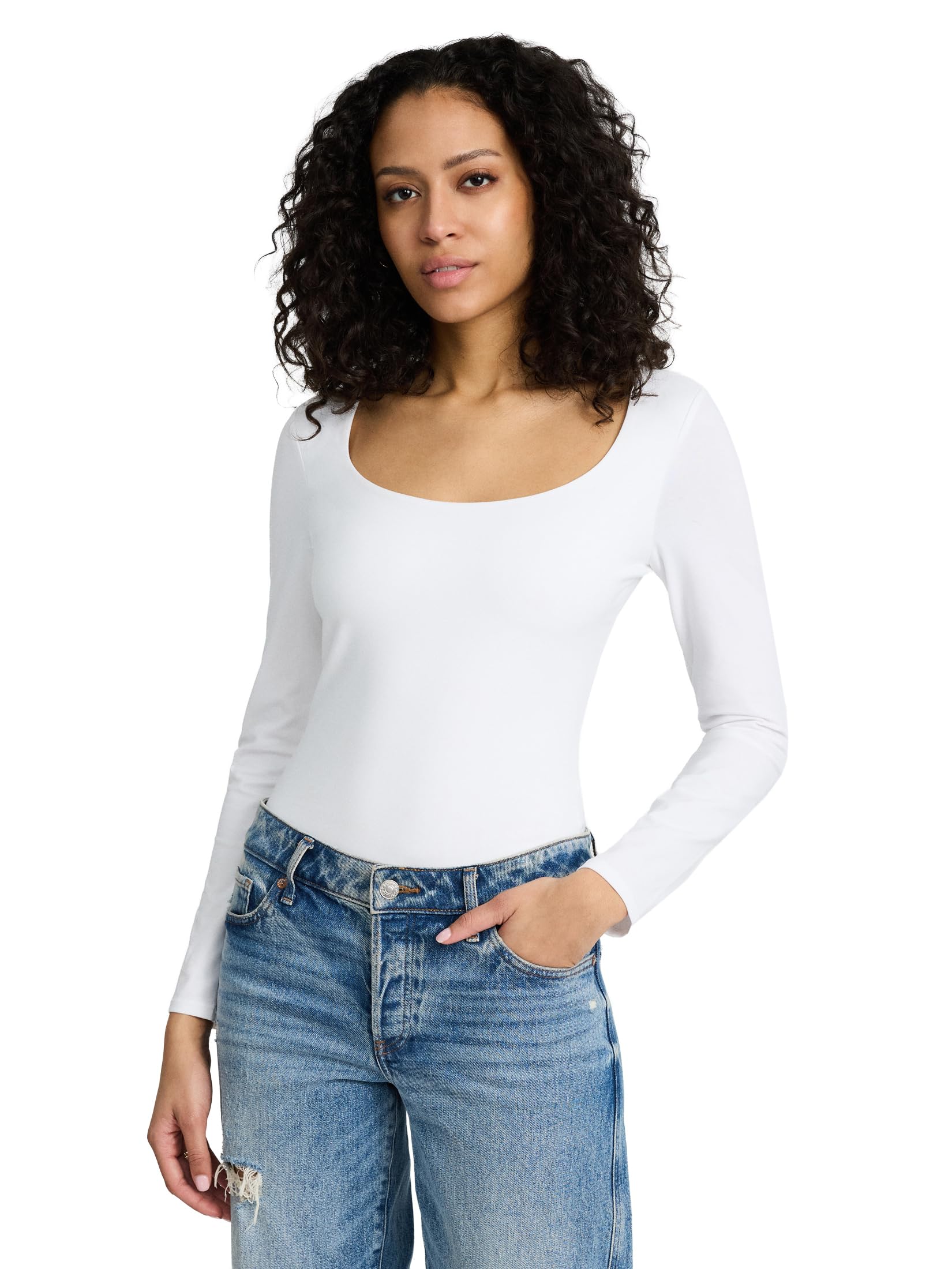 EXPRESS Women’s Long Sleeve Body Contour Bodysuit – Cotton Scoop Neck, Stretch Fit, Snap Closure