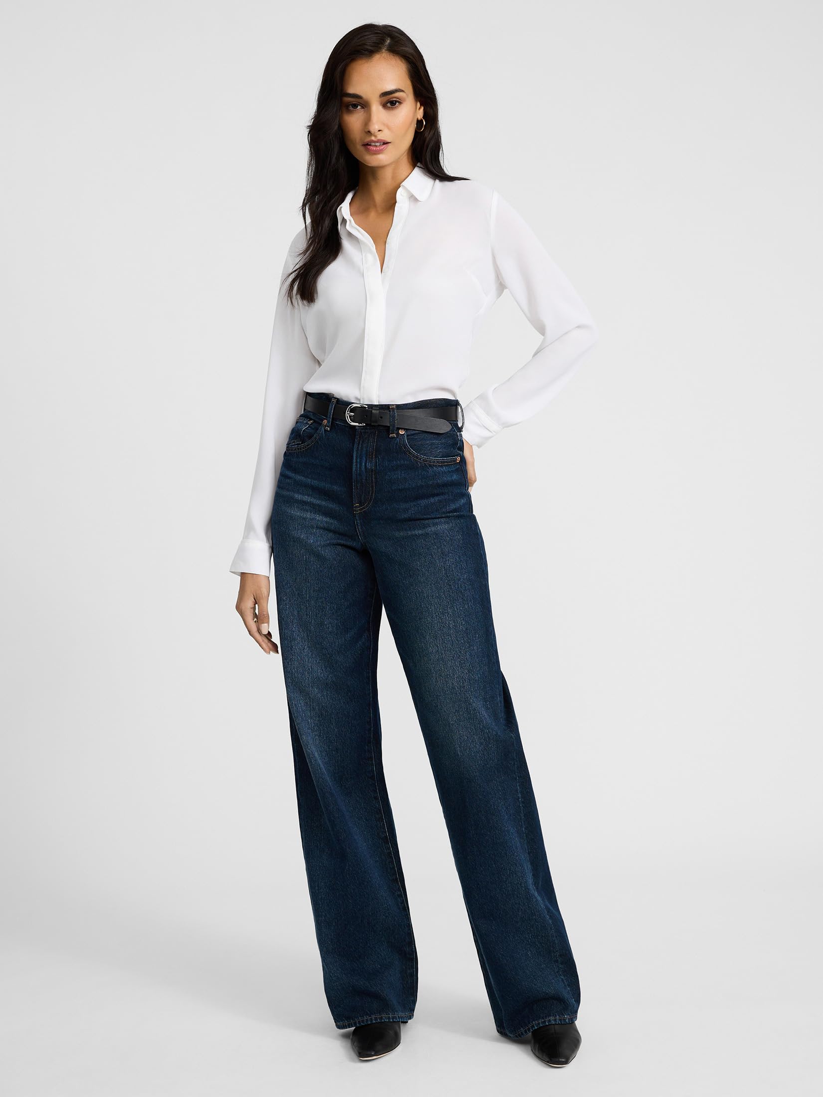 EXPRESS Women’s Relaxed Fit Portofino Shirt – Lightweight Crepe Long Sleeve Button-Up - Image 3