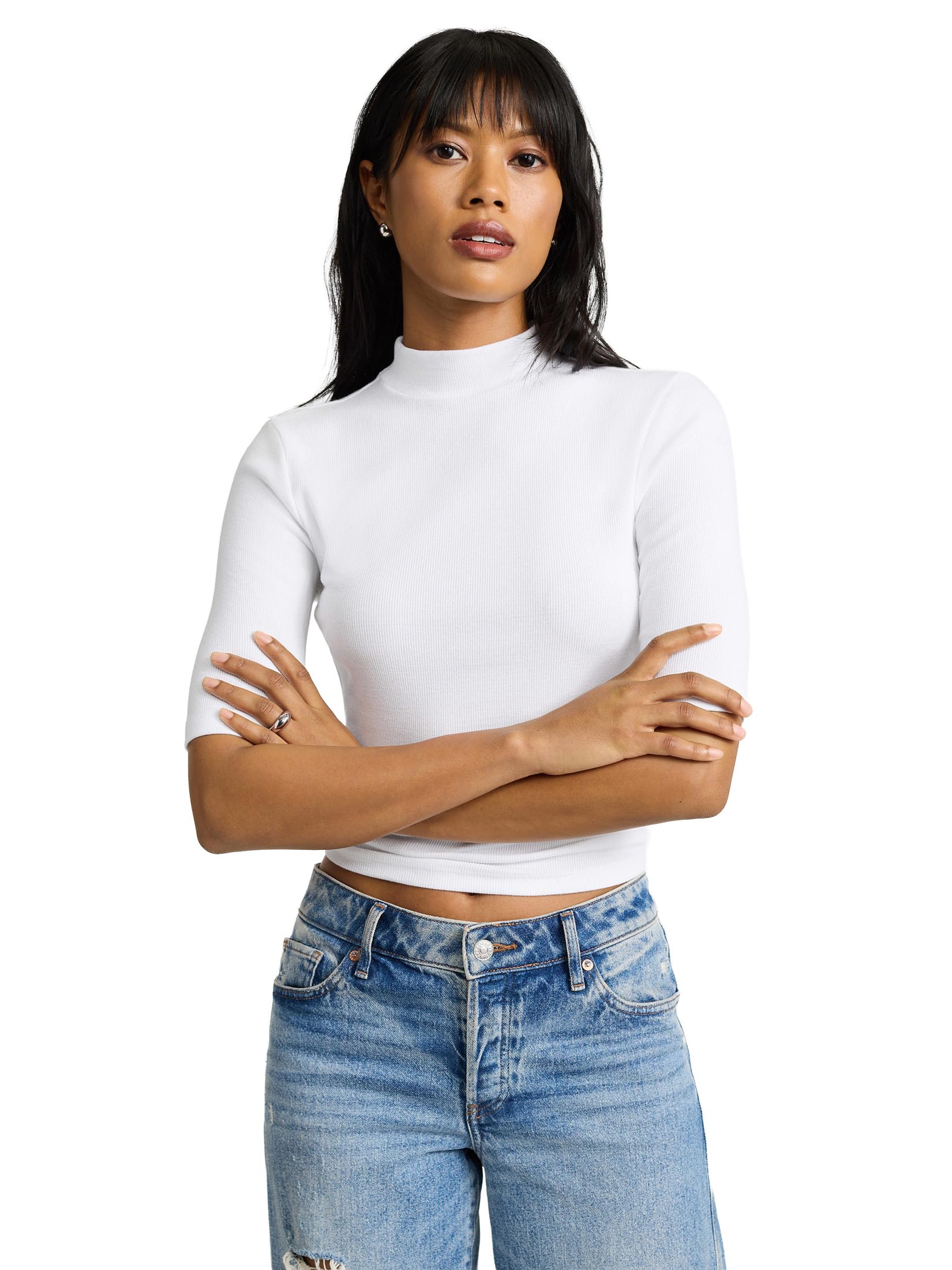 EXPRESS Women’s Ribbed Mock Neck Tee – Elbow Sleeve Stretch Knit Top with Fitted Layering Comfort