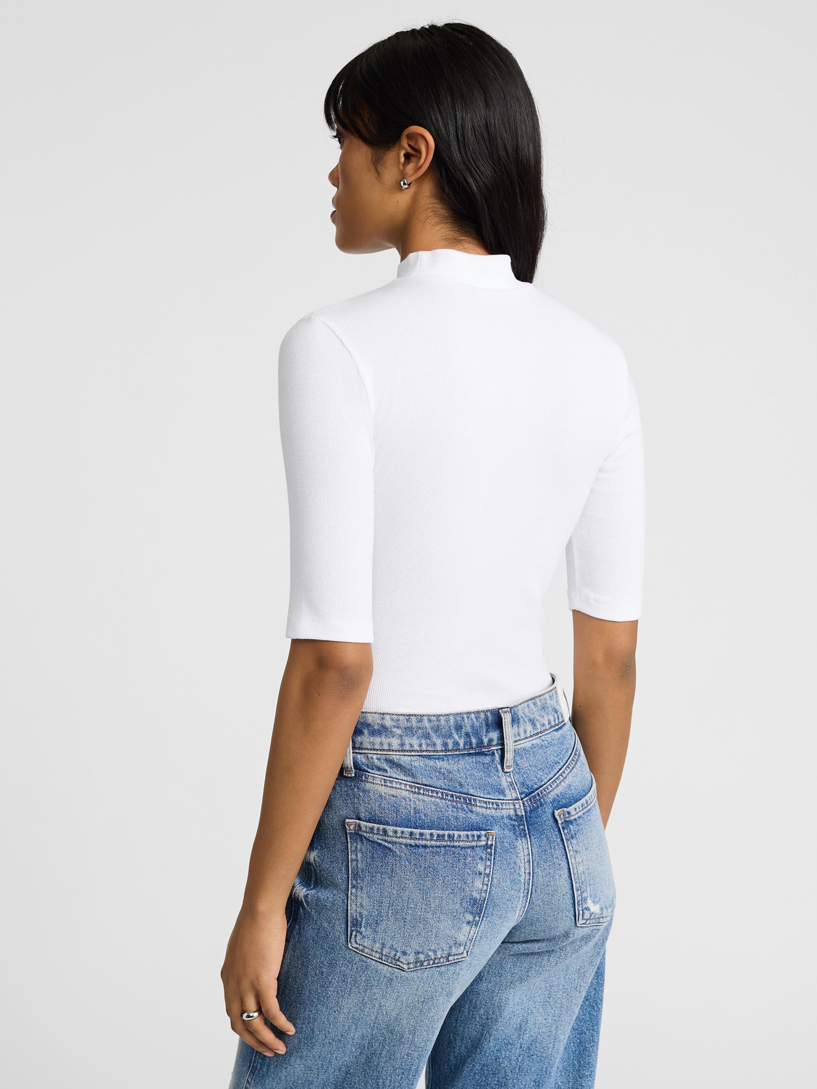 EXPRESS Women’s Ribbed Mock Neck Tee – Elbow Sleeve Stretch Knit Top with Fitted Layering Comfort - Image 2