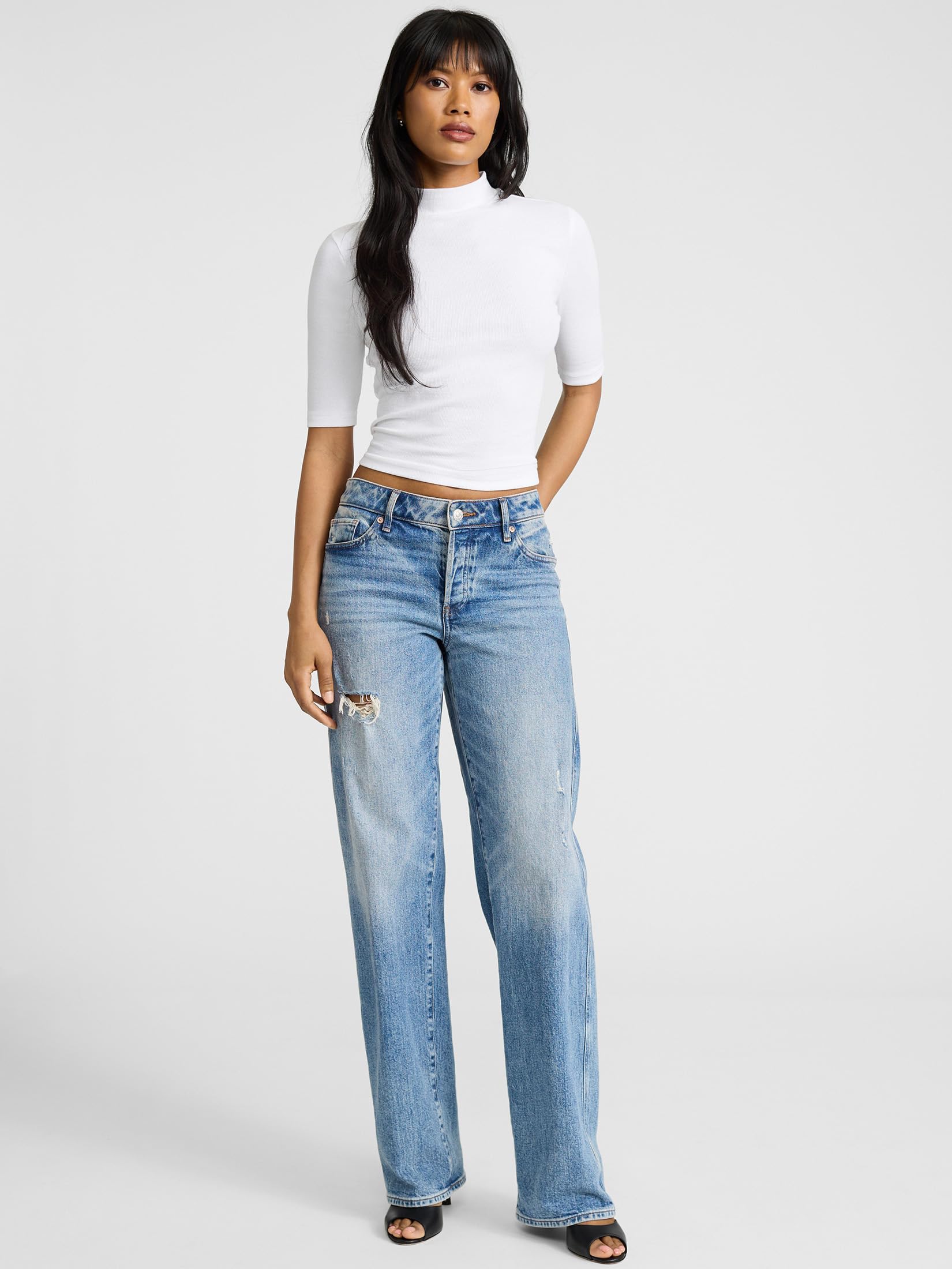 EXPRESS Women’s Ribbed Mock Neck Tee – Elbow Sleeve Stretch Knit Top with Fitted Layering Comfort - Image 3