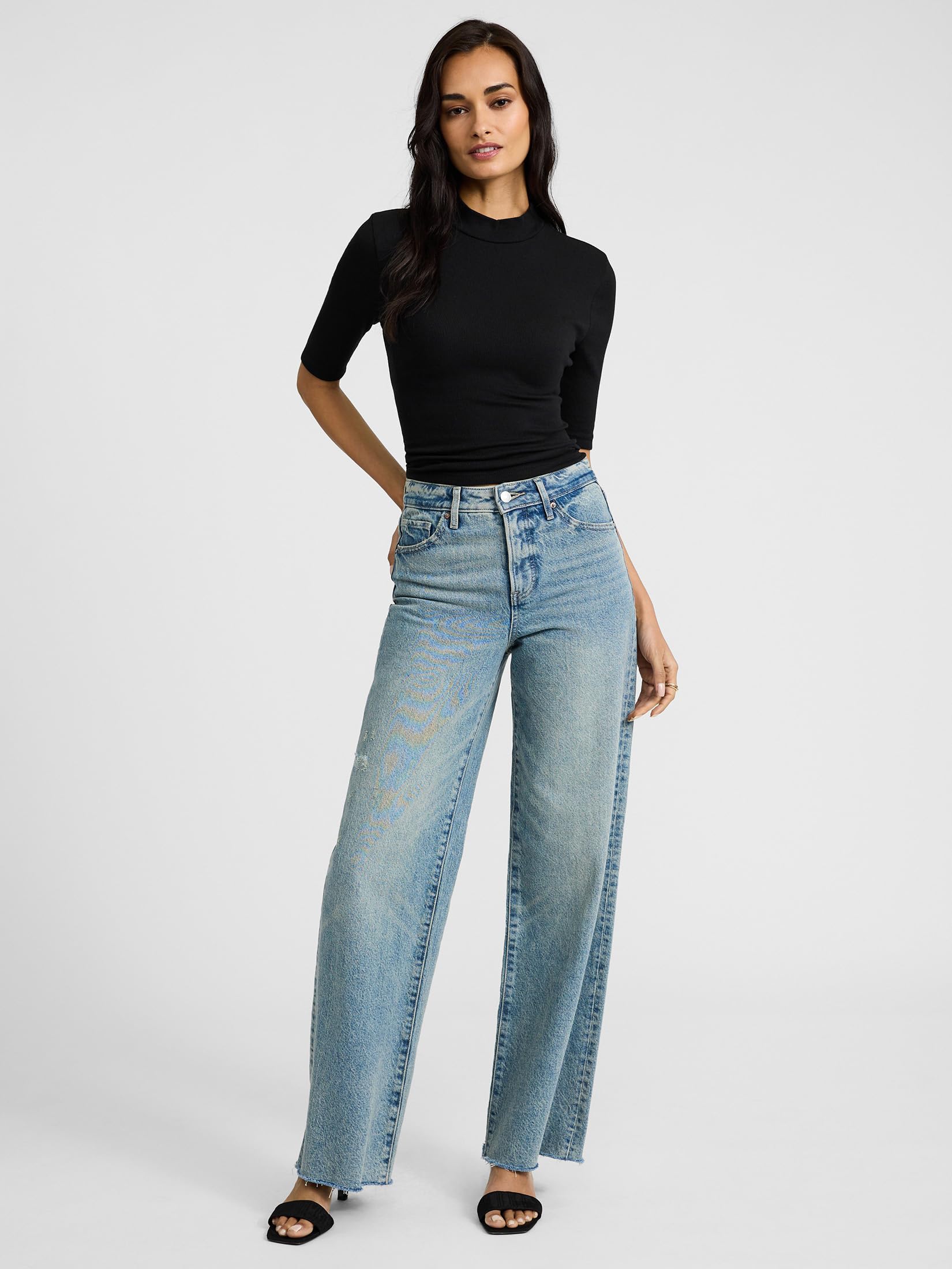 EXPRESS Women’s Ribbed Mock Neck Tee – Elbow Sleeve Stretch Knit Top with Fitted Layering Comfort - Image 2