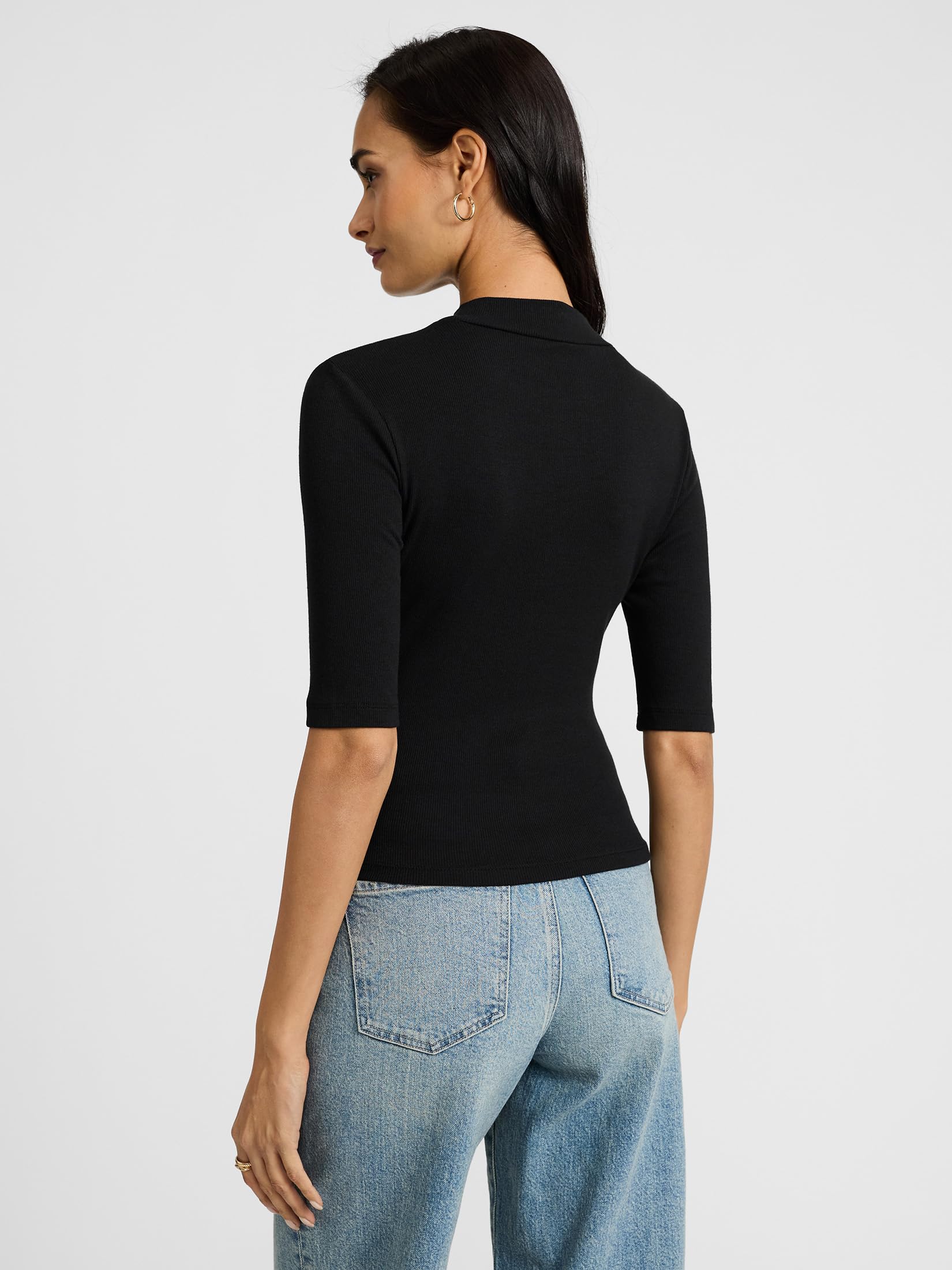 EXPRESS Women’s Ribbed Mock Neck Tee – Elbow Sleeve Stretch Knit Top with Fitted Layering Comfort - Image 3