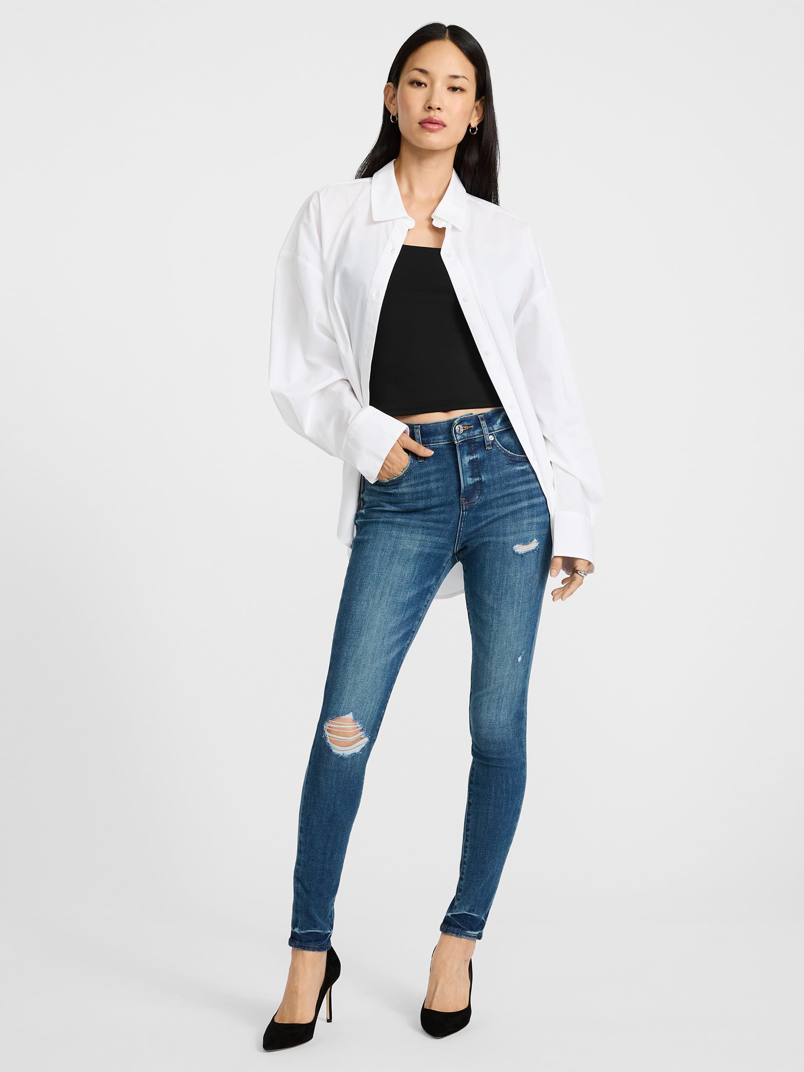 EXPRESS Women’s Ripped Skinny Ankle Jeans – Mid Rise Stretch Denim with Distressed Detailing and Flattering Fit – Dark Denim - Image 3