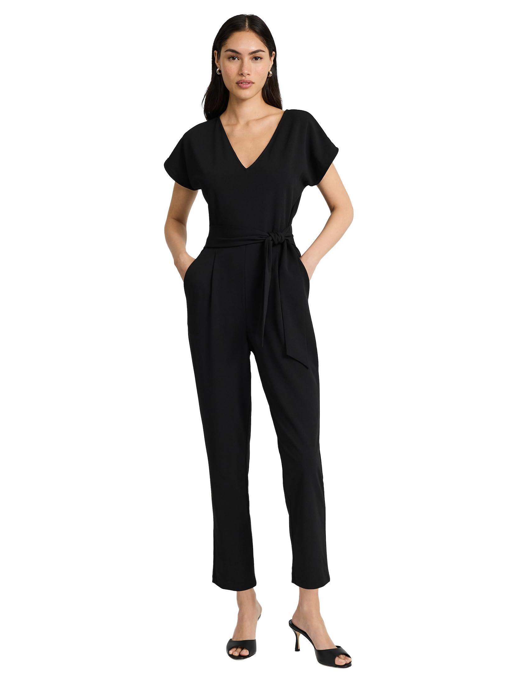 EXPRESS Women’s Short-Sleeve Jumpsuit – V-Neck Stretch Crepe Style with Tie Waist, Pockets, and Travel-Ready Washable Fabric