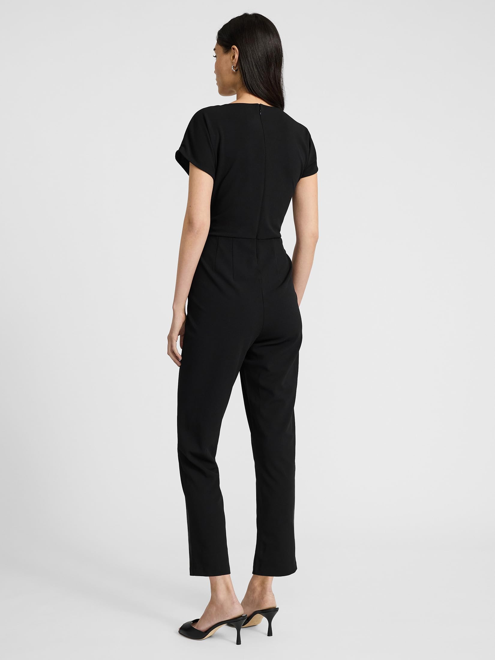 EXPRESS Women’s Short-Sleeve Jumpsuit – V-Neck Stretch Crepe Style with Tie Waist, Pockets, and Travel-Ready Washable Fabric - Image 2