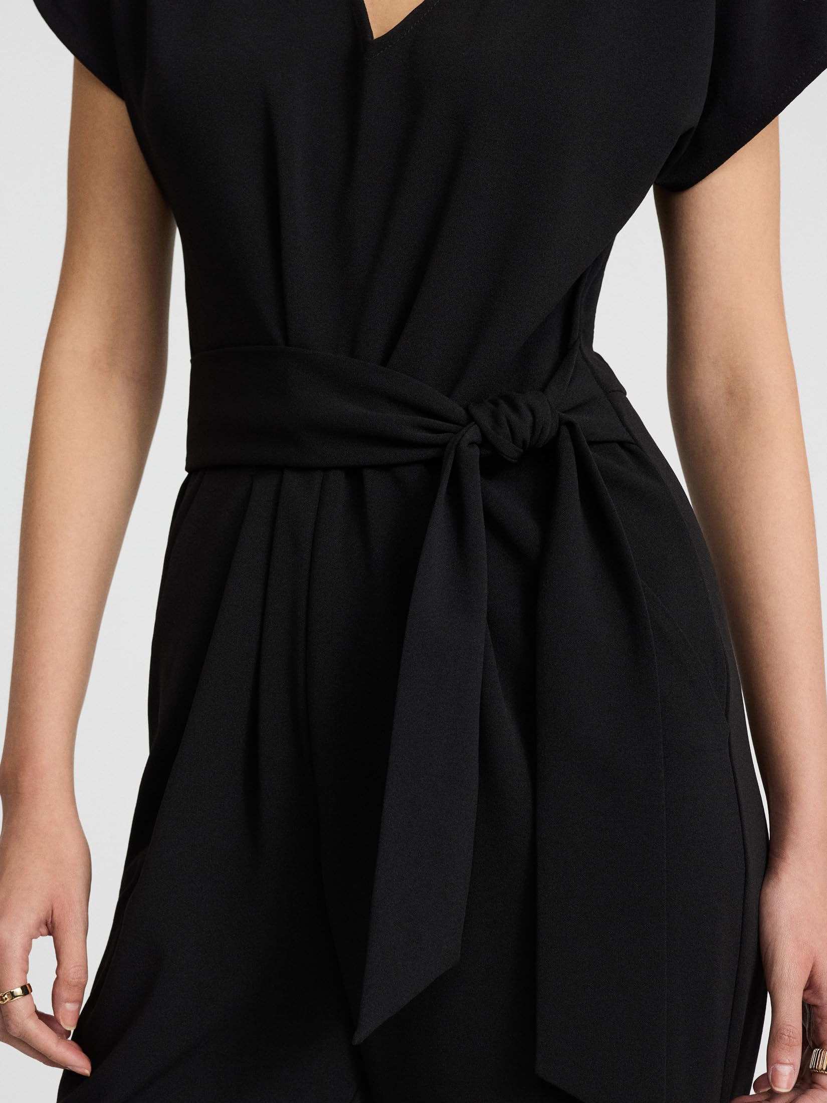 EXPRESS Women’s Short-Sleeve Jumpsuit – V-Neck Stretch Crepe Style with Tie Waist, Pockets, and Travel-Ready Washable Fabric - Image 3