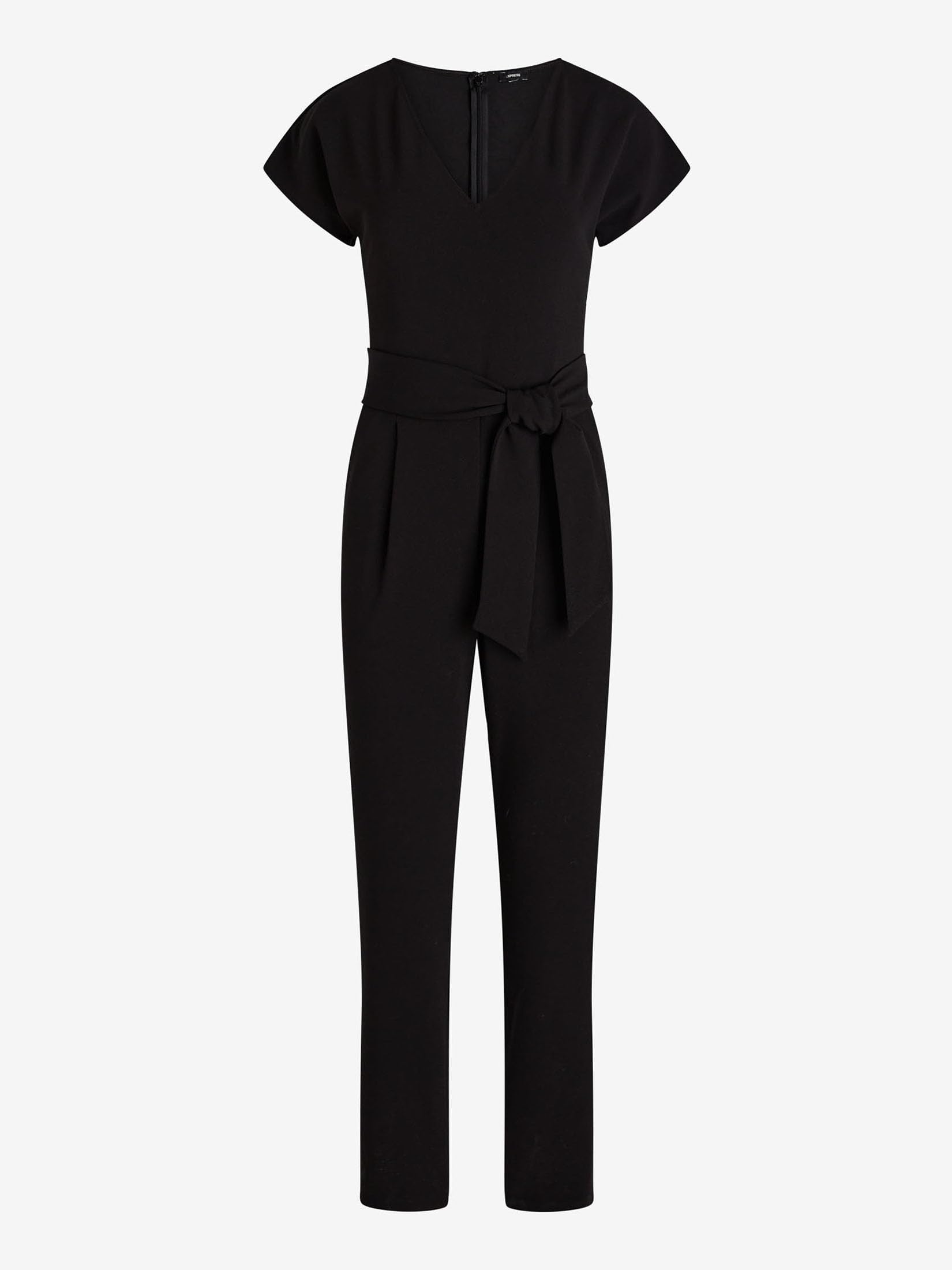 EXPRESS Women’s Short-Sleeve Jumpsuit – V-Neck Stretch Crepe Style with Tie Waist, Pockets, and Travel-Ready Washable Fabric - Image 4