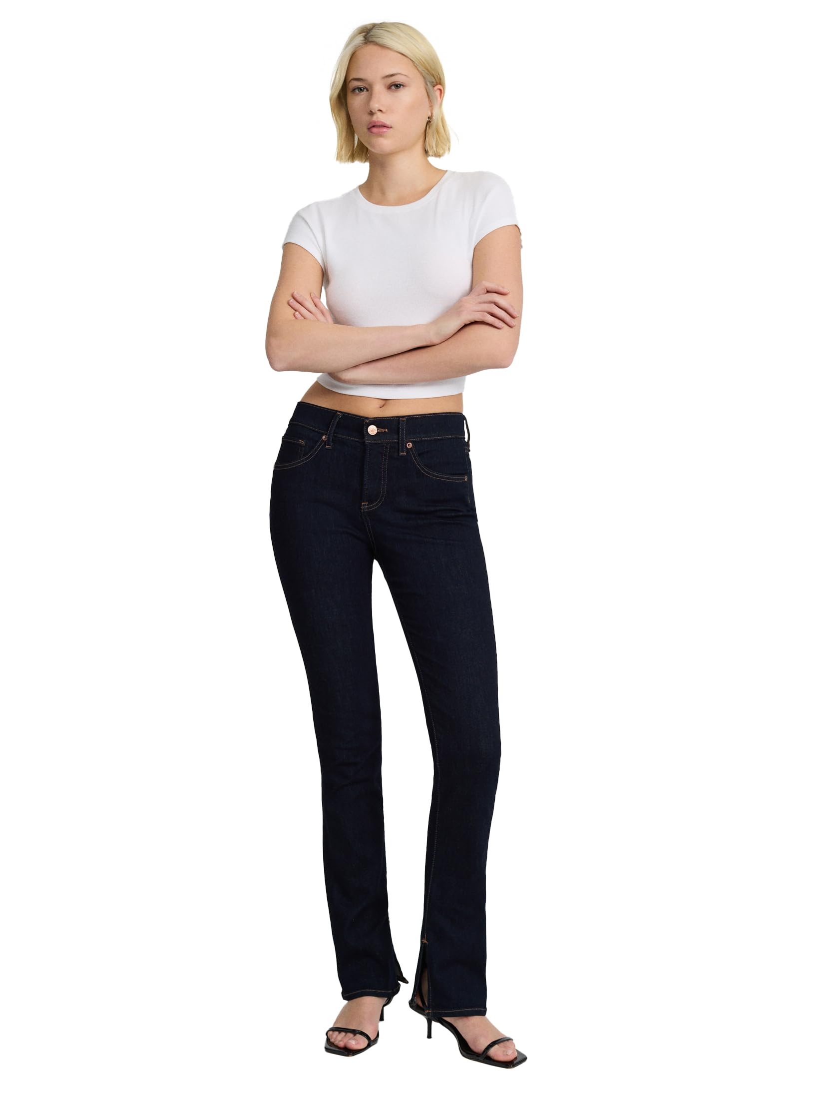 EXPRESS Women’s Skyscraper Jeans – Mid Rise Super-Stretch High-Leg Flare, Figure-Elongating, Machine Washable – Dark Denim