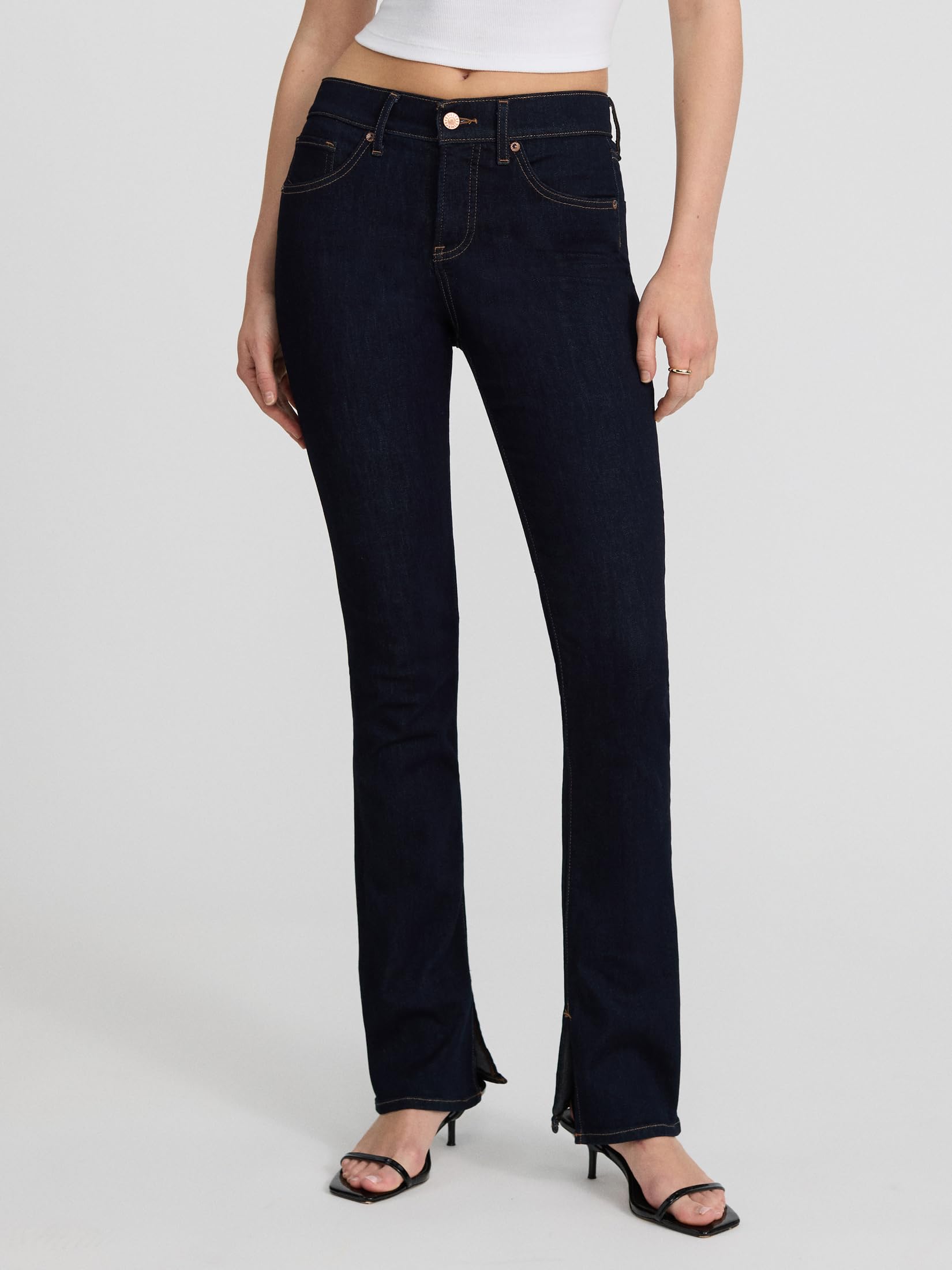 EXPRESS Women’s Skyscraper Jeans – Mid Rise Super-Stretch High-Leg Flare, Figure-Elongating, Machine Washable – Dark Denim - Image 2