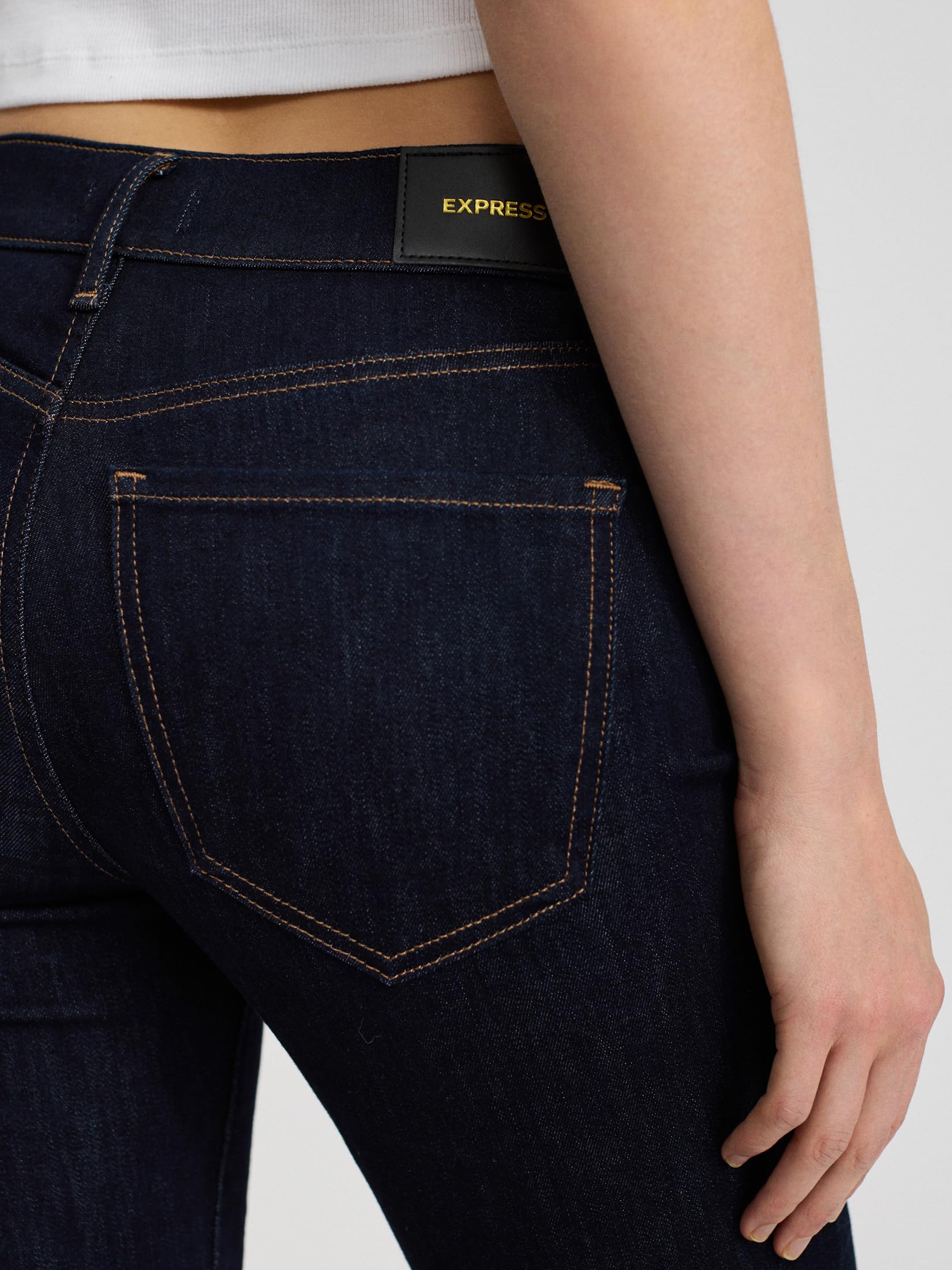 EXPRESS Women’s Skyscraper Jeans – Mid Rise Super-Stretch High-Leg Flare, Figure-Elongating, Machine Washable – Dark Denim - Image 5