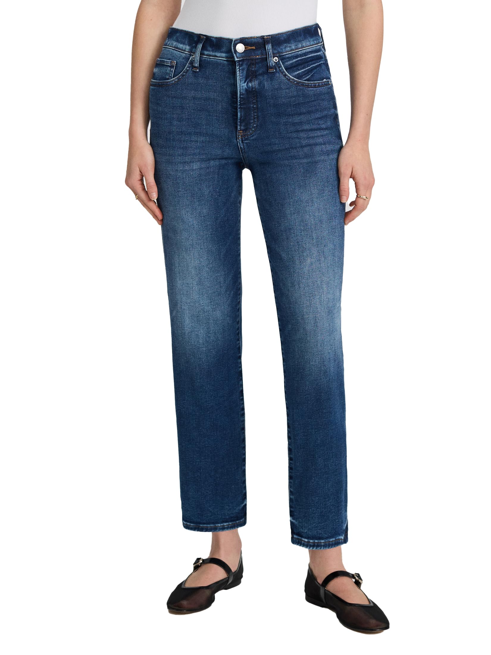 EXPRESS Women’s Straight Ankle Jeans – High Rise Stretch Denim with Figure-Balancing Fit – Medium Wash