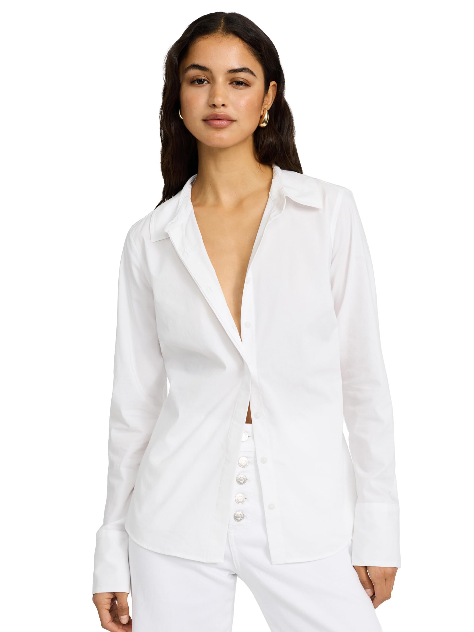 EXPRESS Women's Stretch Cotton Poplin Fitted Portofino, Essential Shirt - White