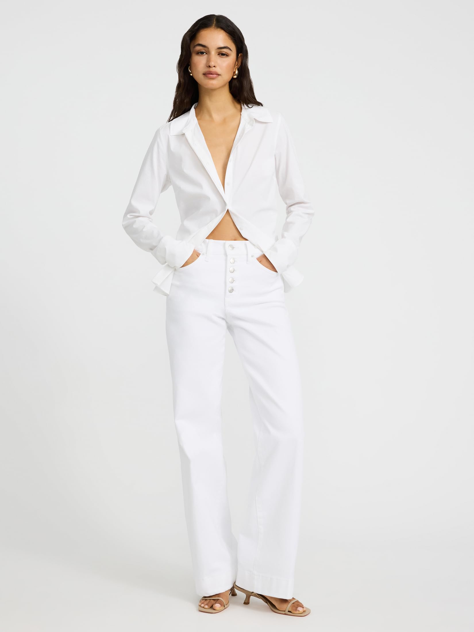 EXPRESS Women's Stretch Cotton Poplin Fitted Portofino, Essential Shirt - White - Image 3