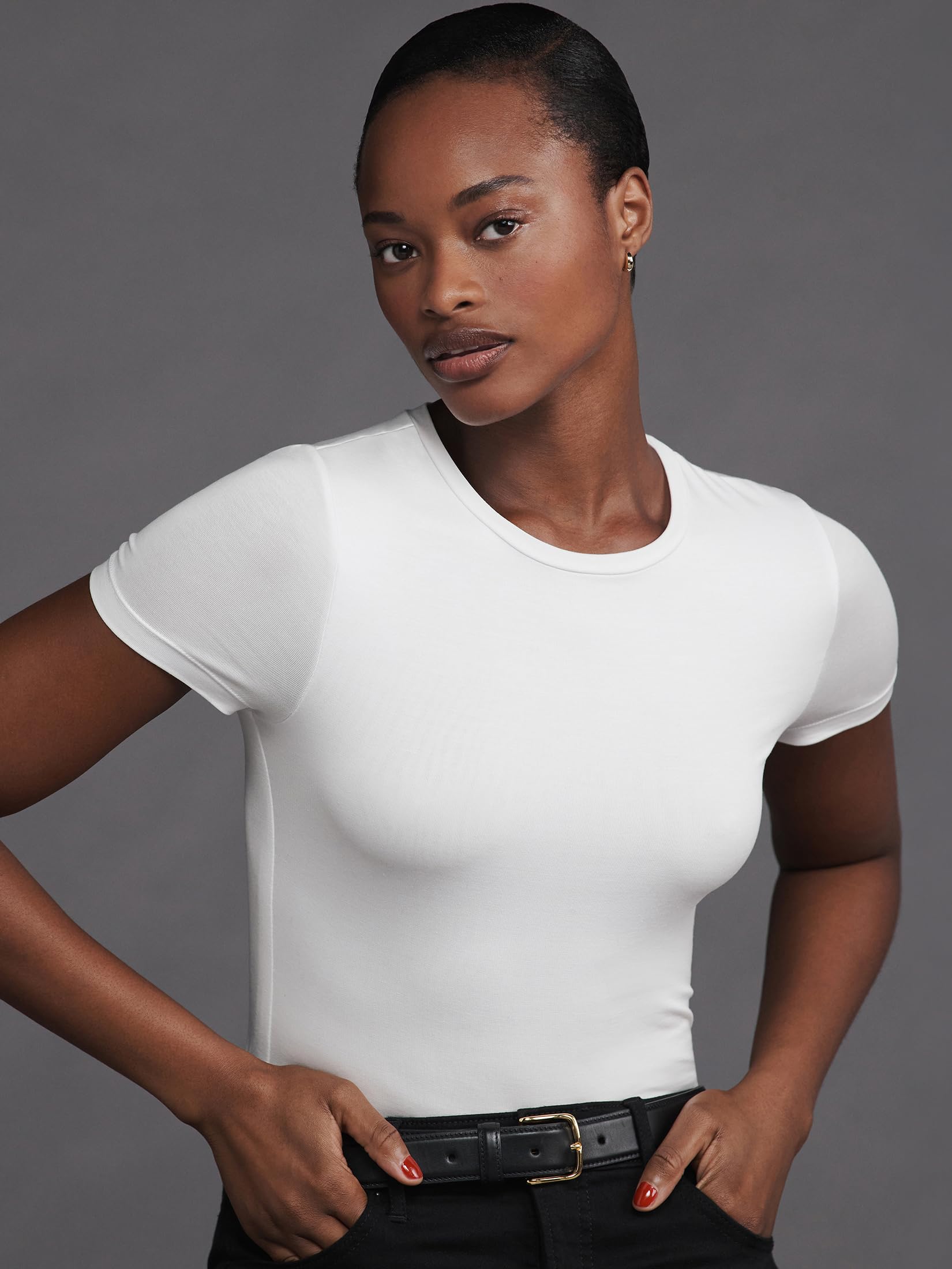 EXPRESS Women’s Supersoft Crew Neck Tee – Fitted Double-Layer T-Shirt with Soft Feel and Everyday Essential Style - Image 2