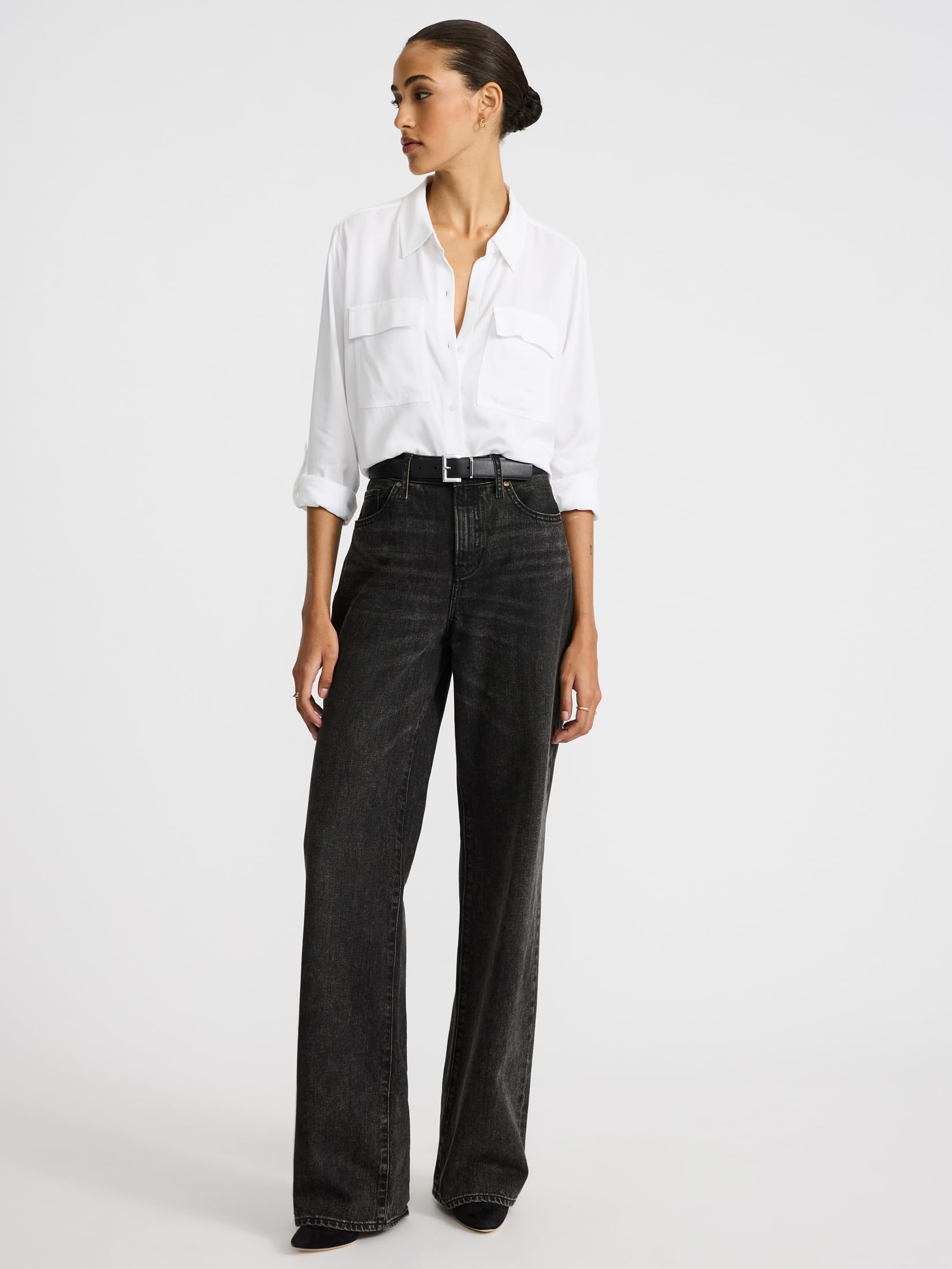 EXPRESS Women's Twill Double Flap Pocket Rolled Sleeve Utility Portofino Shirt - Image 3