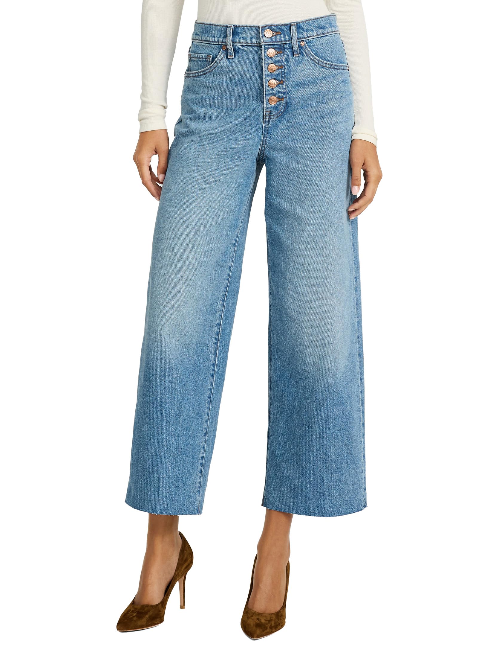 EXPRESS Women’s Wide-Leg Ankle Jeans – High Waisted Stretch Denim with Raw Hem Detail – Medium Wash