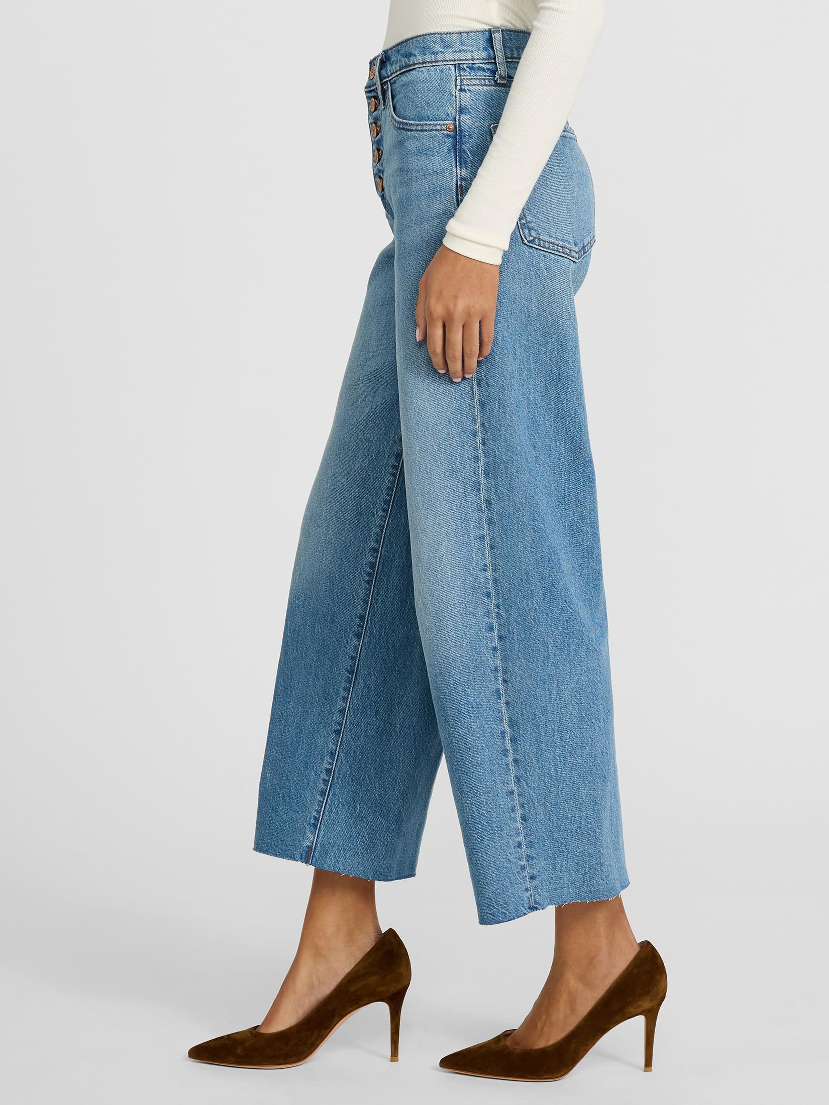 EXPRESS Women’s Wide-Leg Ankle Jeans – High Waisted Stretch Denim with Raw Hem Detail – Medium Wash - Image 2